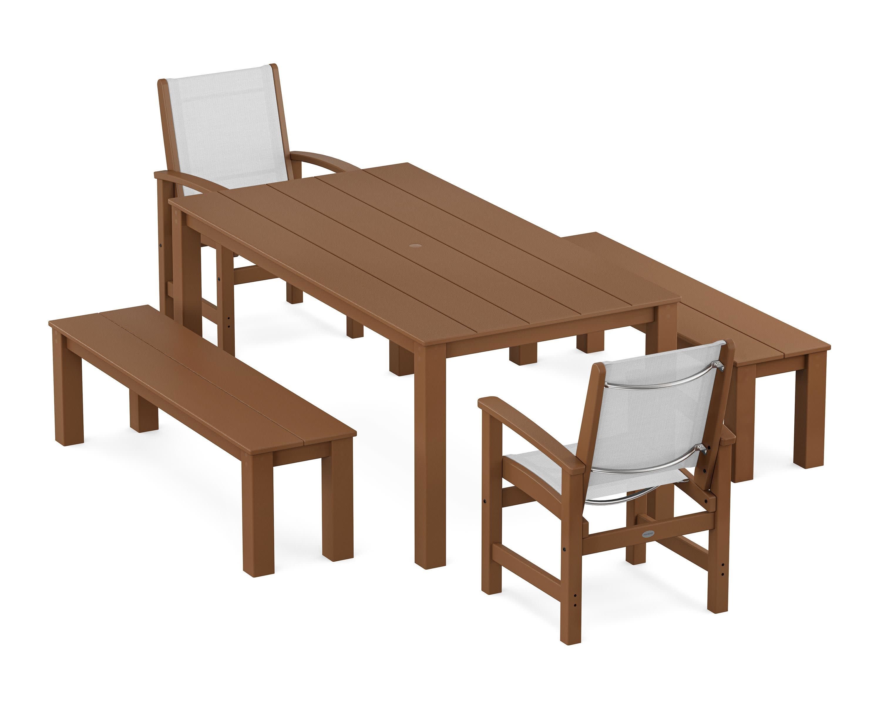 Coastal 5-Piece Parsons Dining Set with Benches in Teak / White Sling