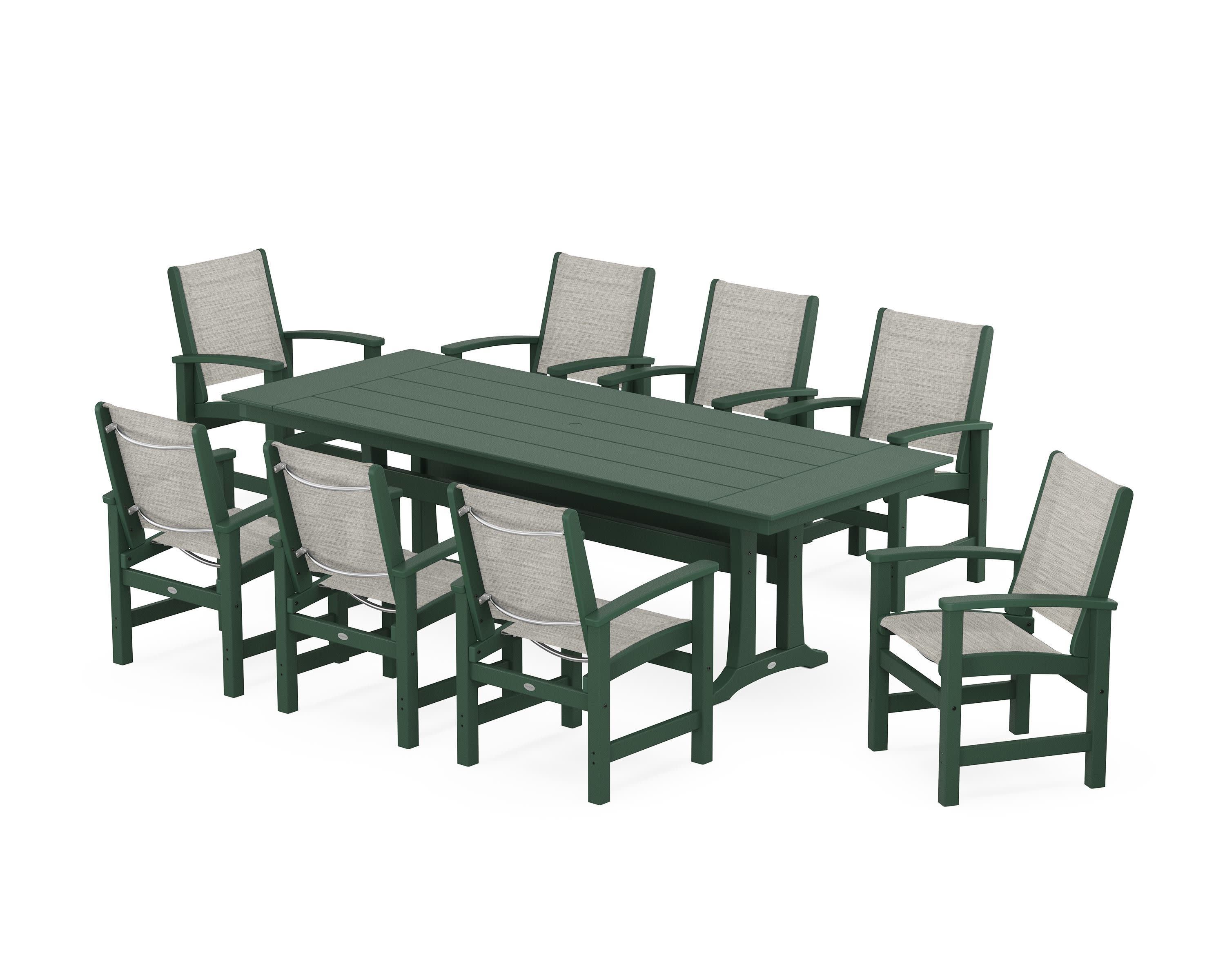 Coastal 9-Piece Farmhouse Dining Set with Trestle Legs in Green / Birch Sling