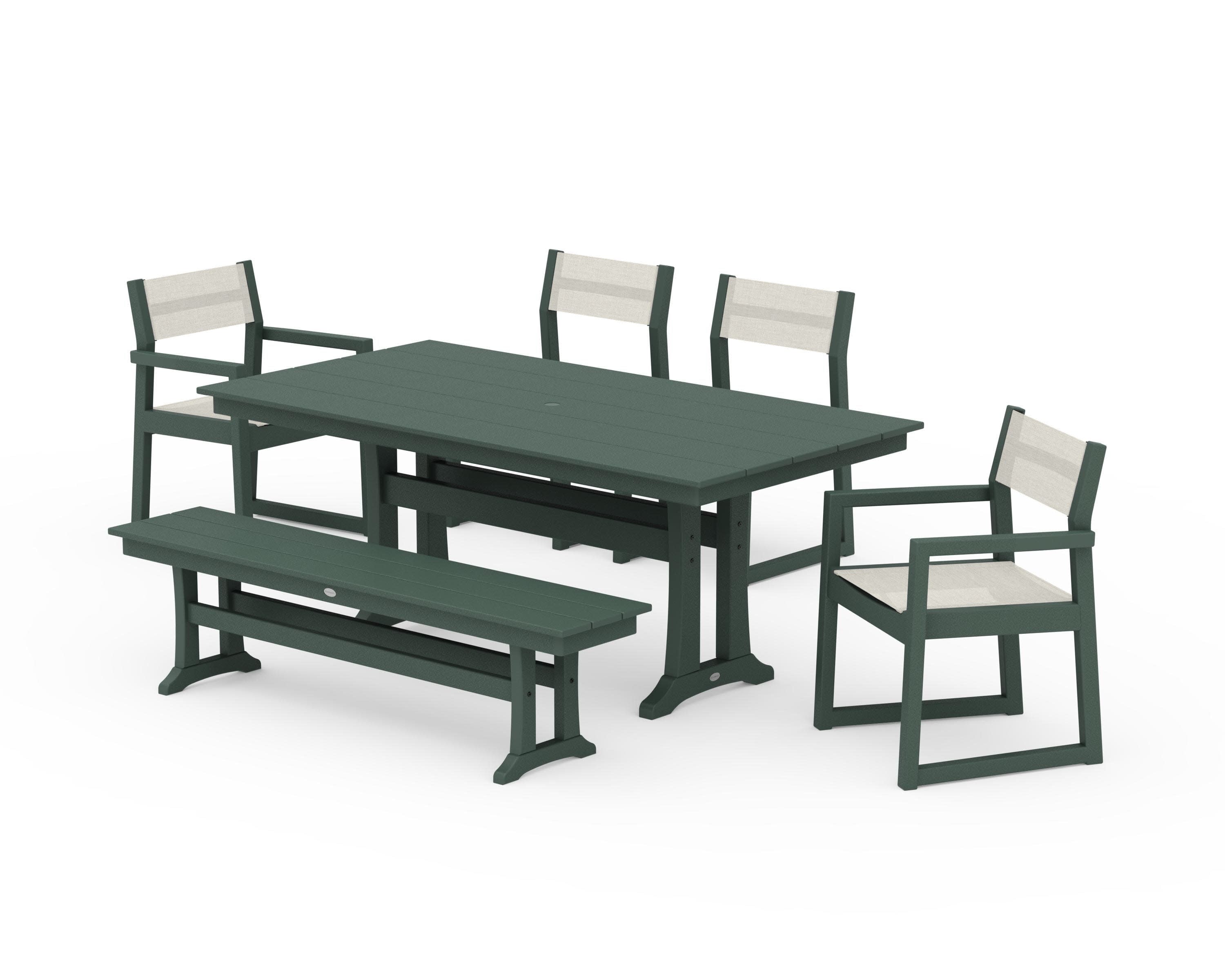 EDGE Sling 6-Piece Farmhouse Dining Set With Trestle Legs in Green / Parchment Sling
