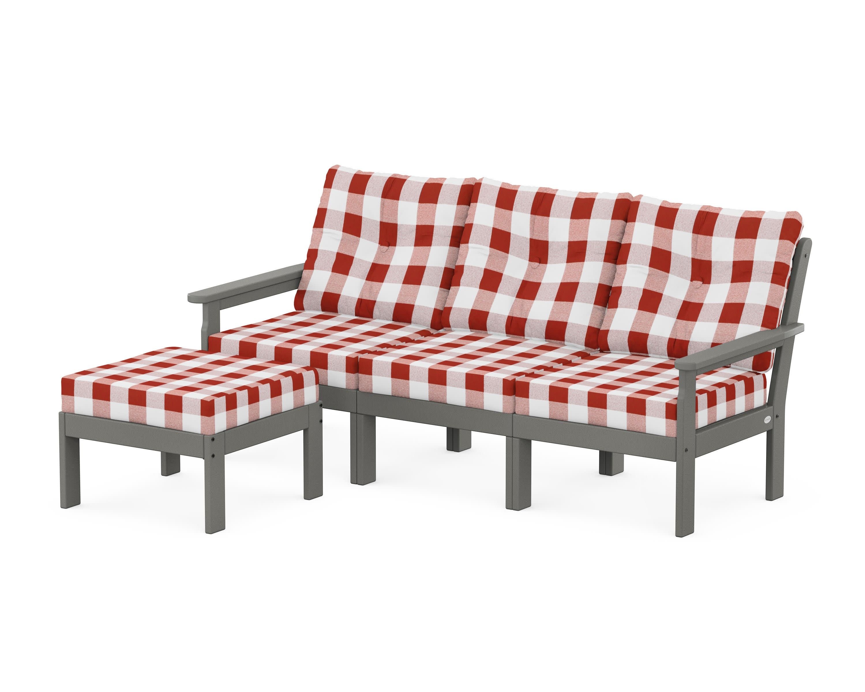 Vineyard 4-Piece Sectional with Ottoman in Slate Grey / Buffalo Plaid Crimson