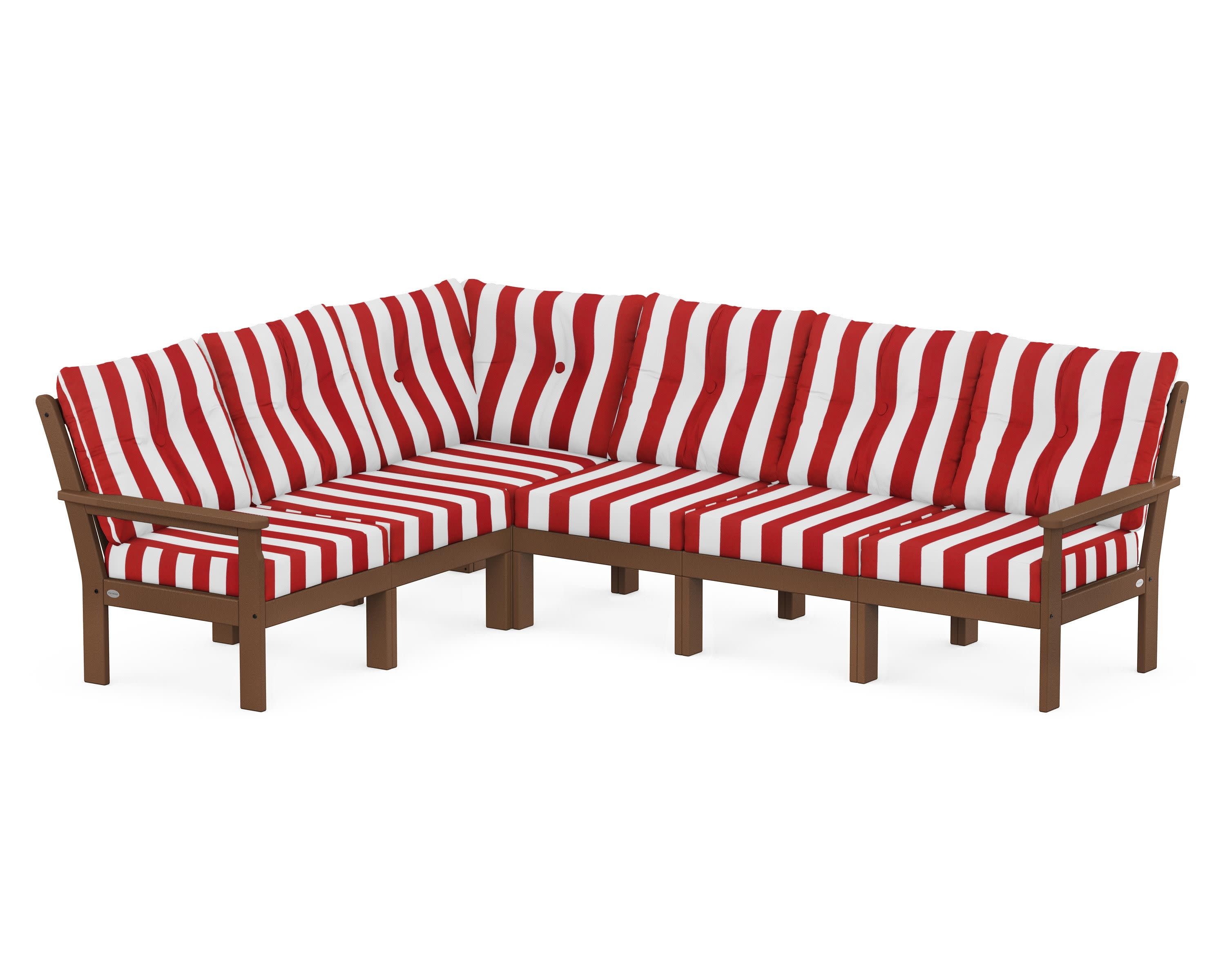 Vineyard 6-Piece Sectional in Teak / Cabana Stripe Crimson
