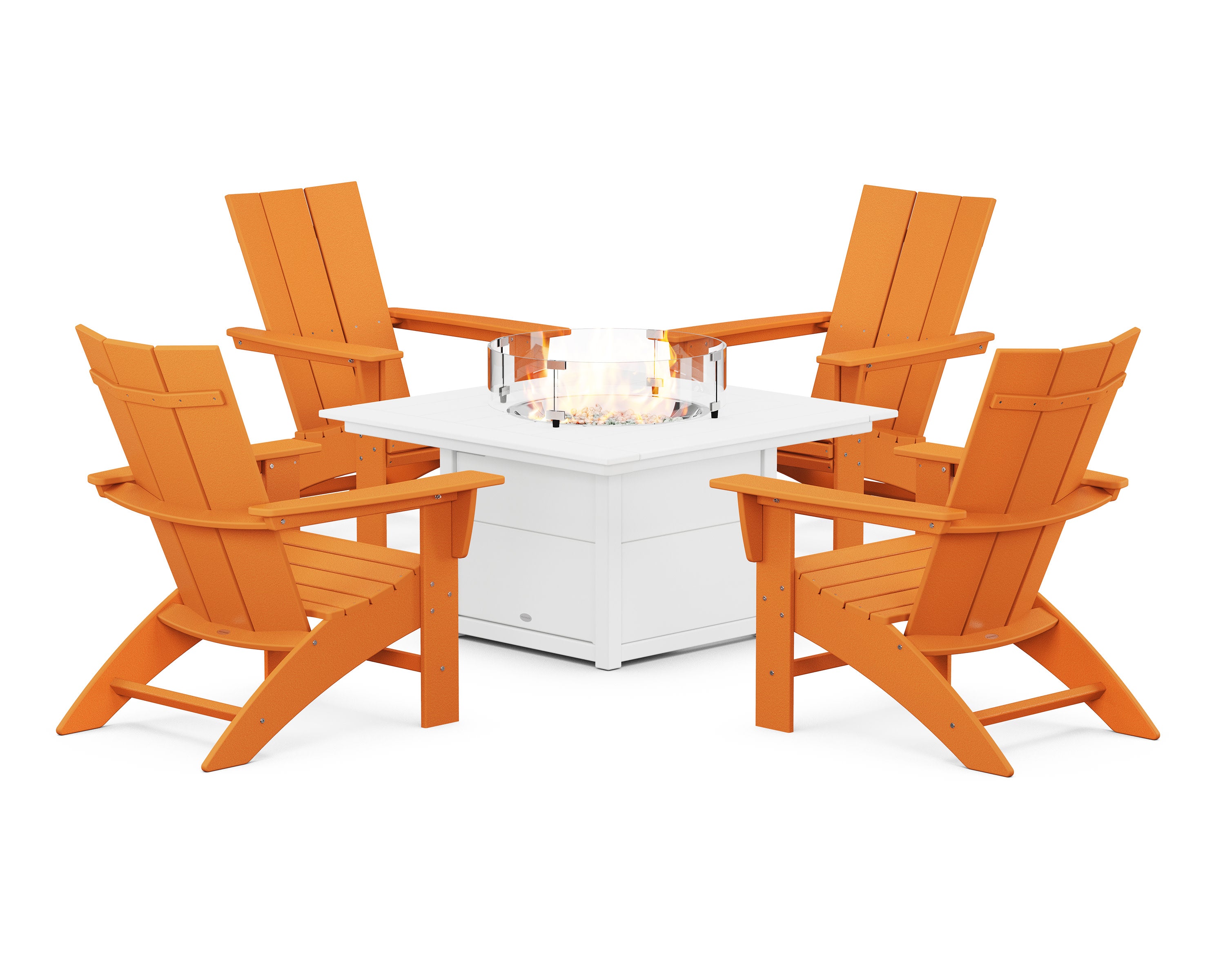 Modern Curveback Adirondack 5-Piece Conversation Set with Fire Pit Table in Tangerine / White