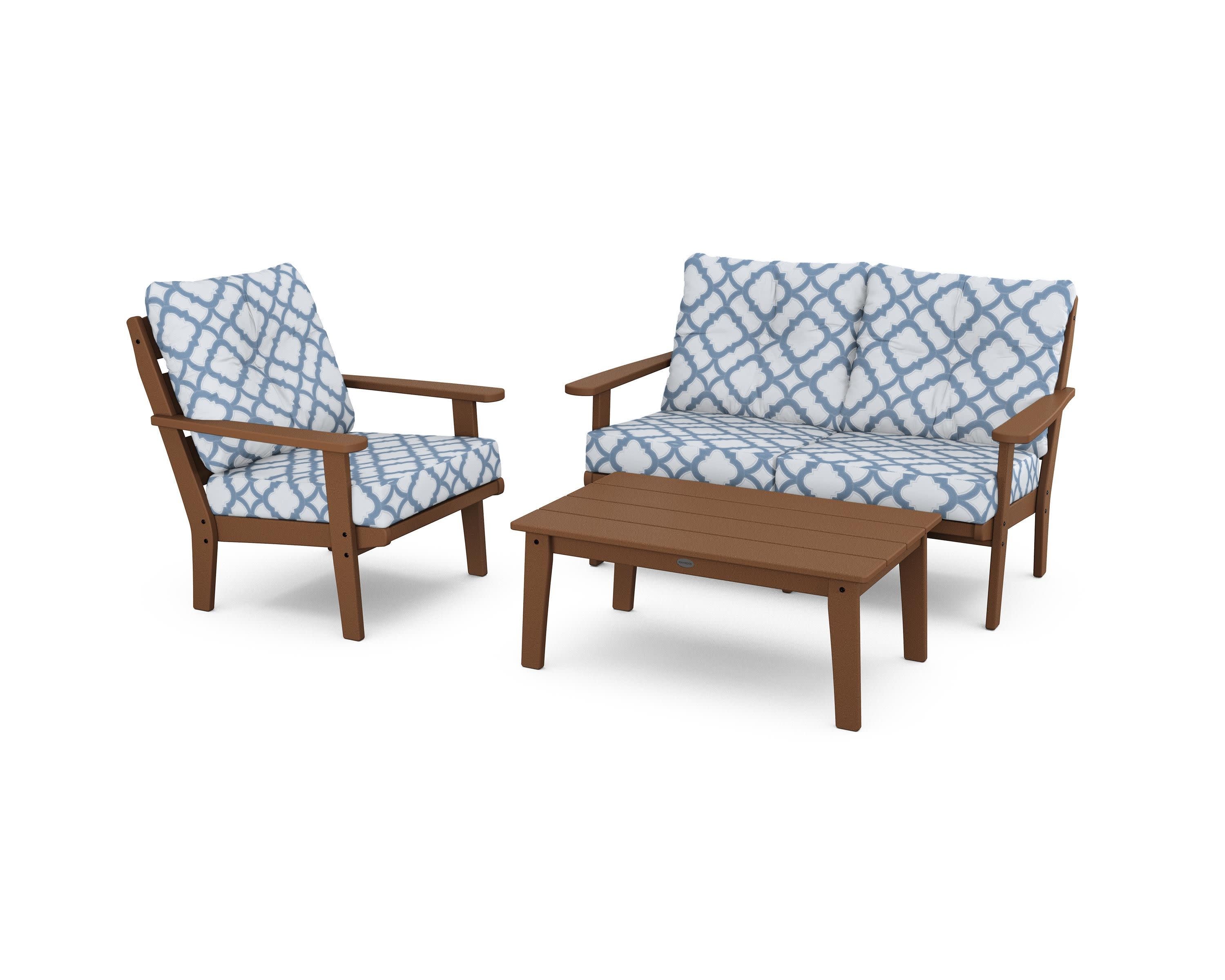 Lakeside 3-Piece Deep Seating Set in Teak / Trellis Sky Blue