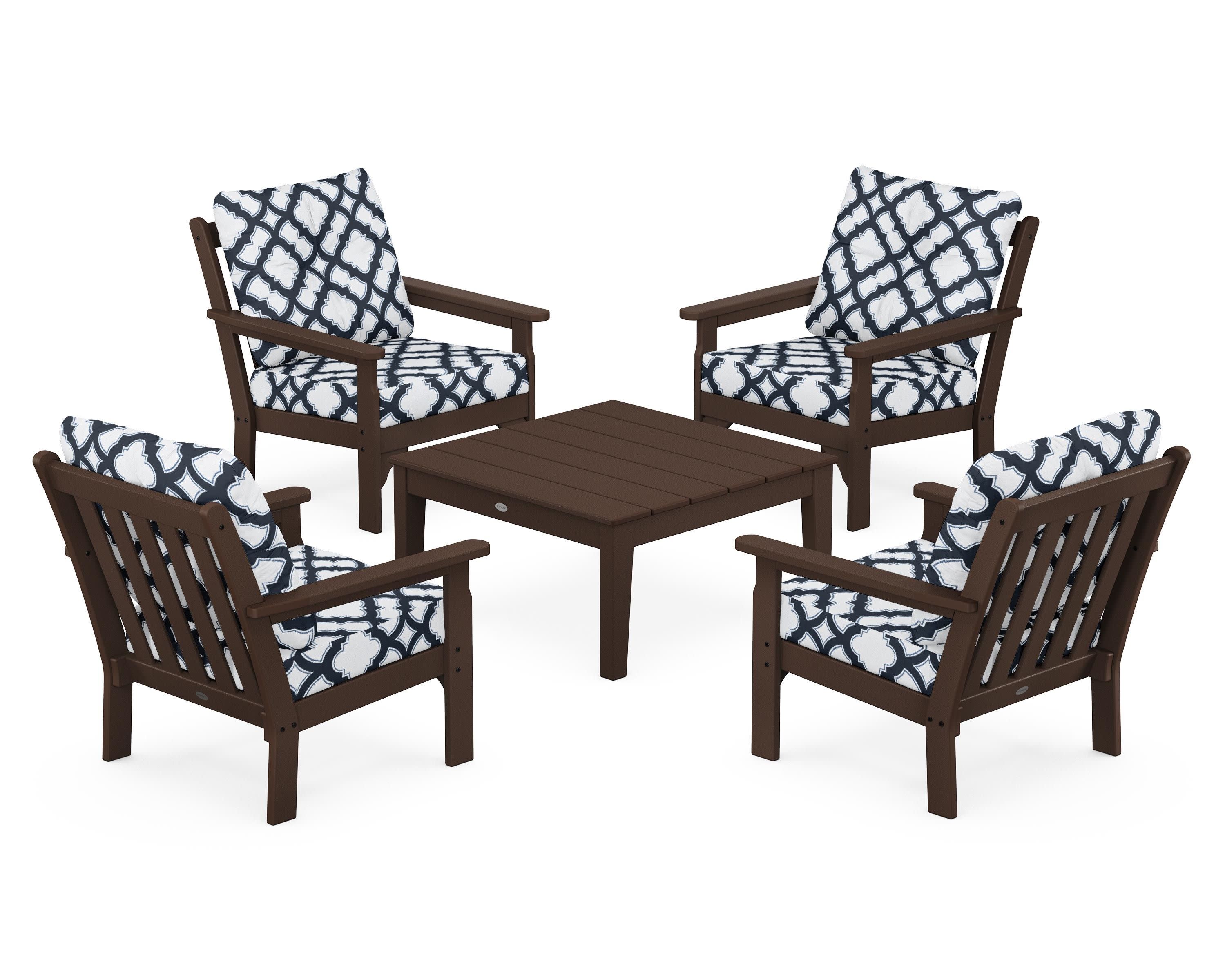 Vineyard 5-Piece Deep Seating Conversation Set in Mahogany / Trellis Marine Indigo