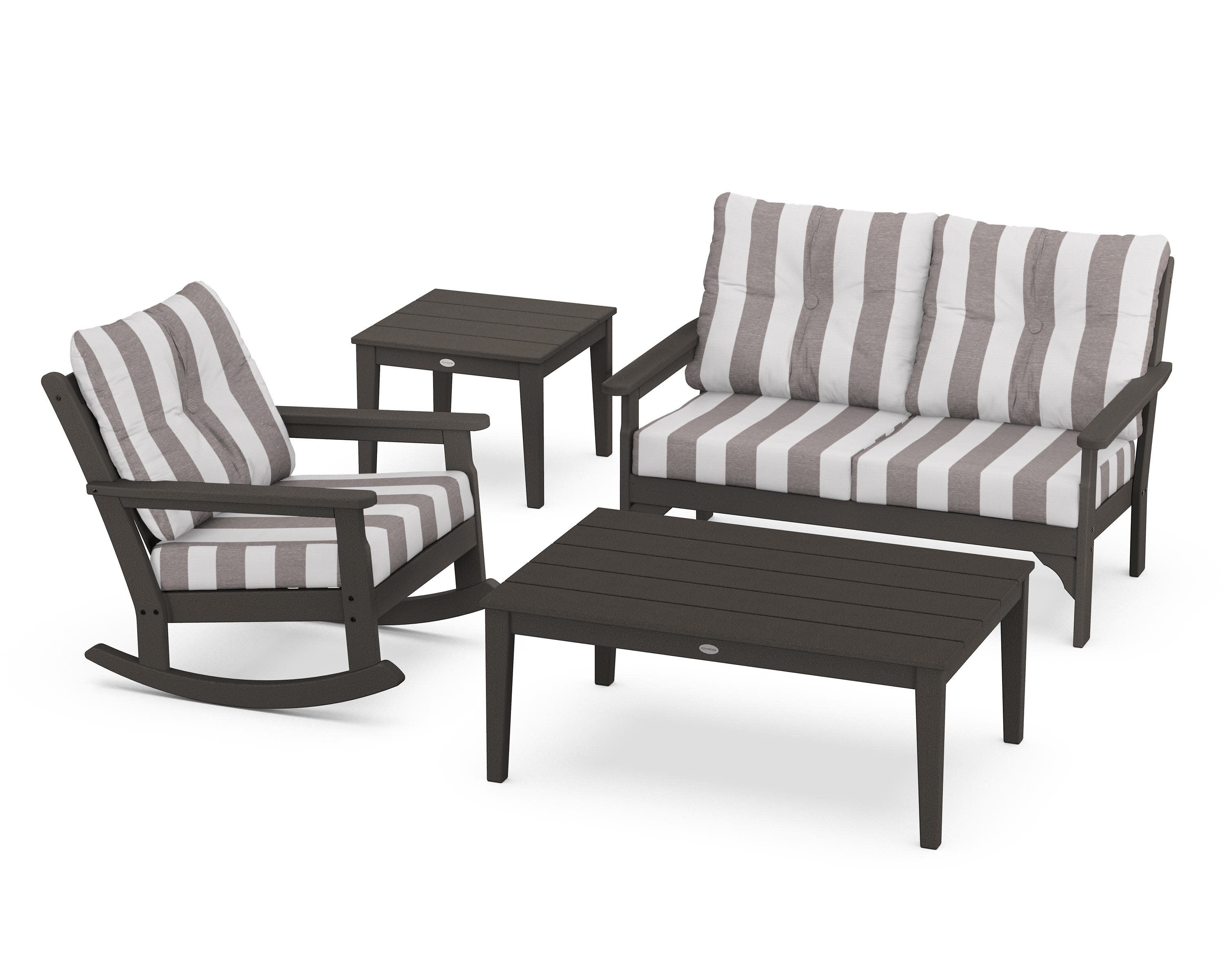 Vineyard 4-Piece Deep Seating Rocker Set in Vintage Coffee / Cabana Stripe Grey Mist