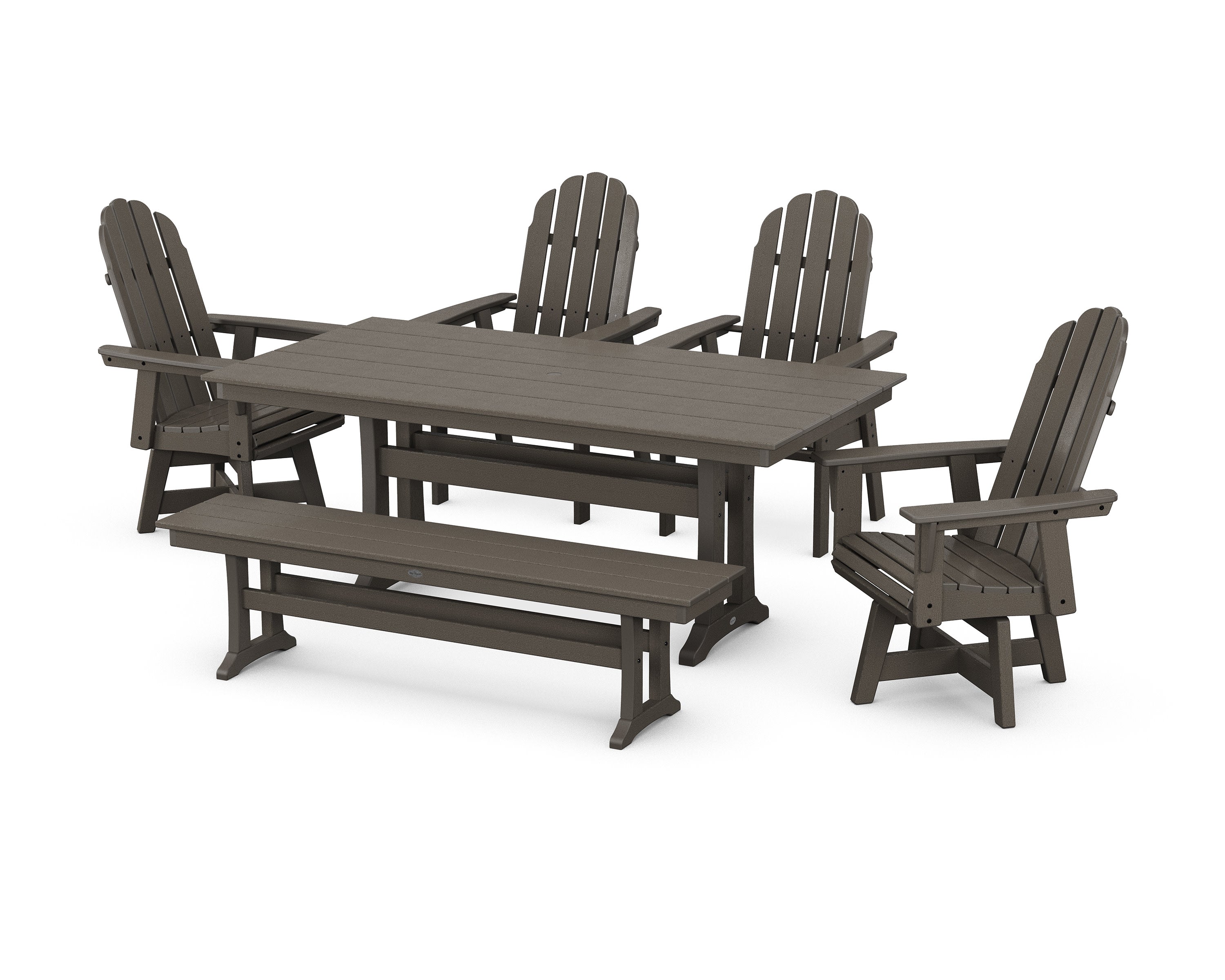 Vineyard Curveback Adirondack 6-Piece Swivel Chair Farmhouse Dining Set with Trestle Legs and Bench in Vintage Coffee