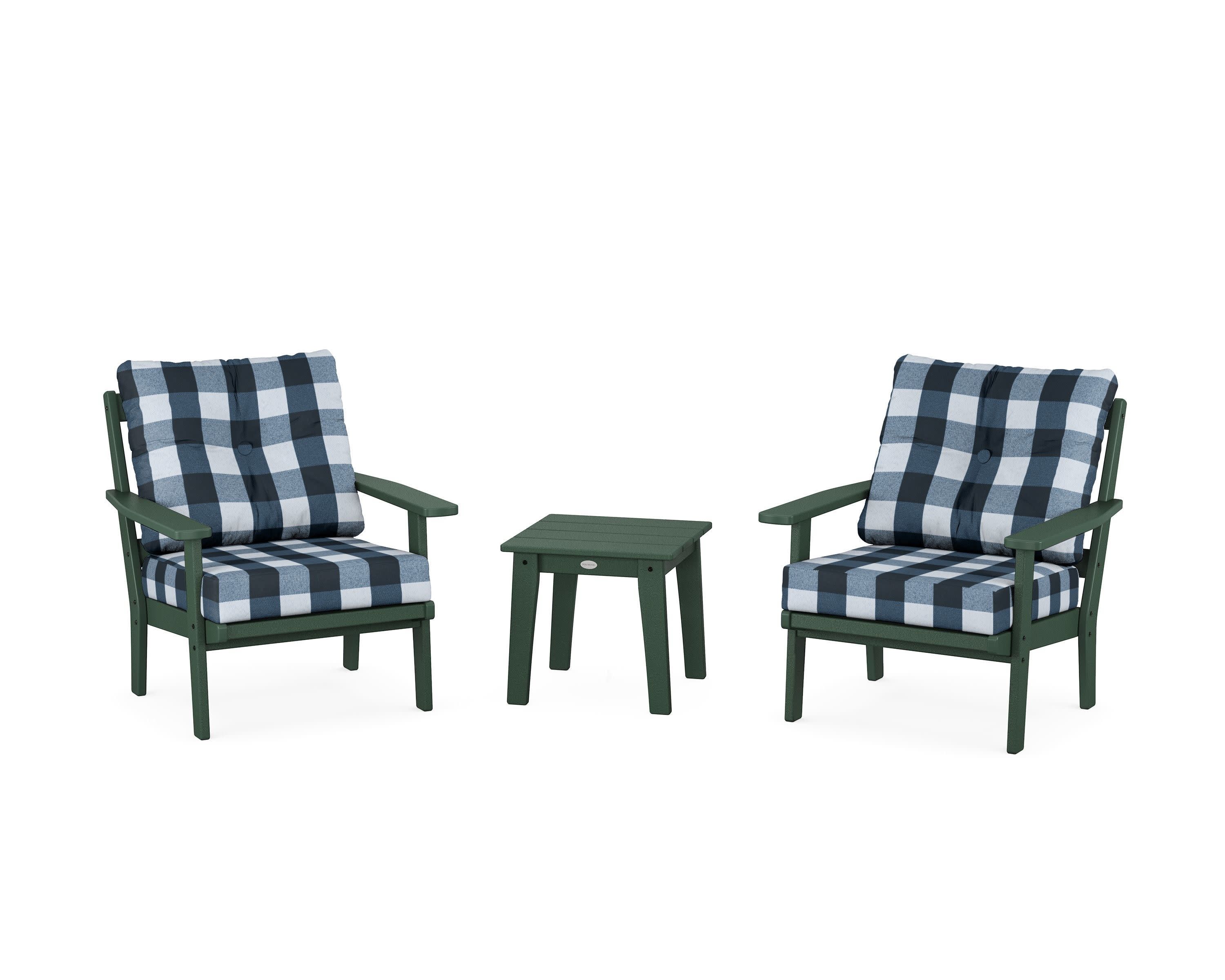 Oxford 3-Piece Deep Seating Set in Green / Buffalo Plaid Marine Indigo