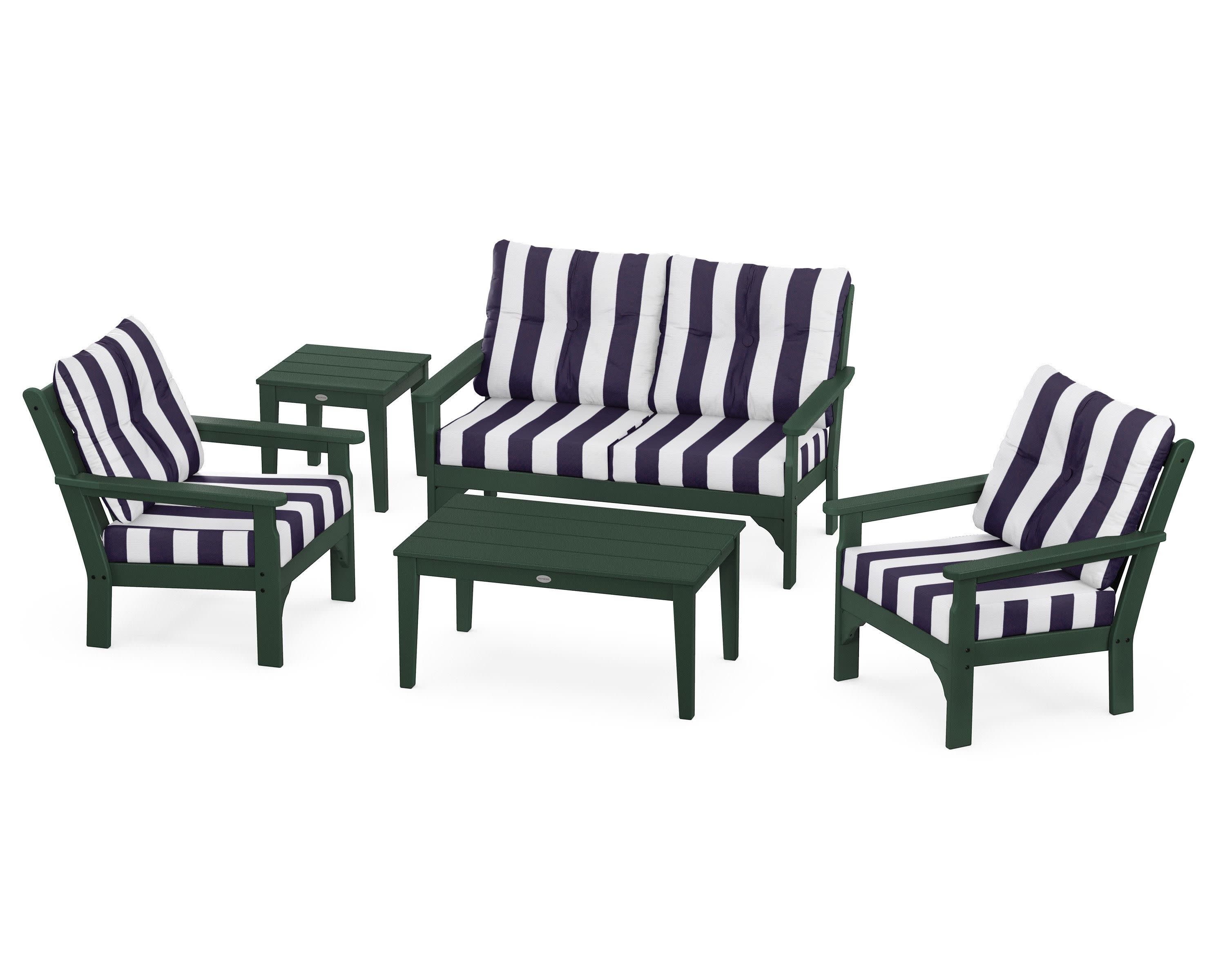 Vineyard 5-Piece Deep Seating Set in Green / Cabana Stripe Navy