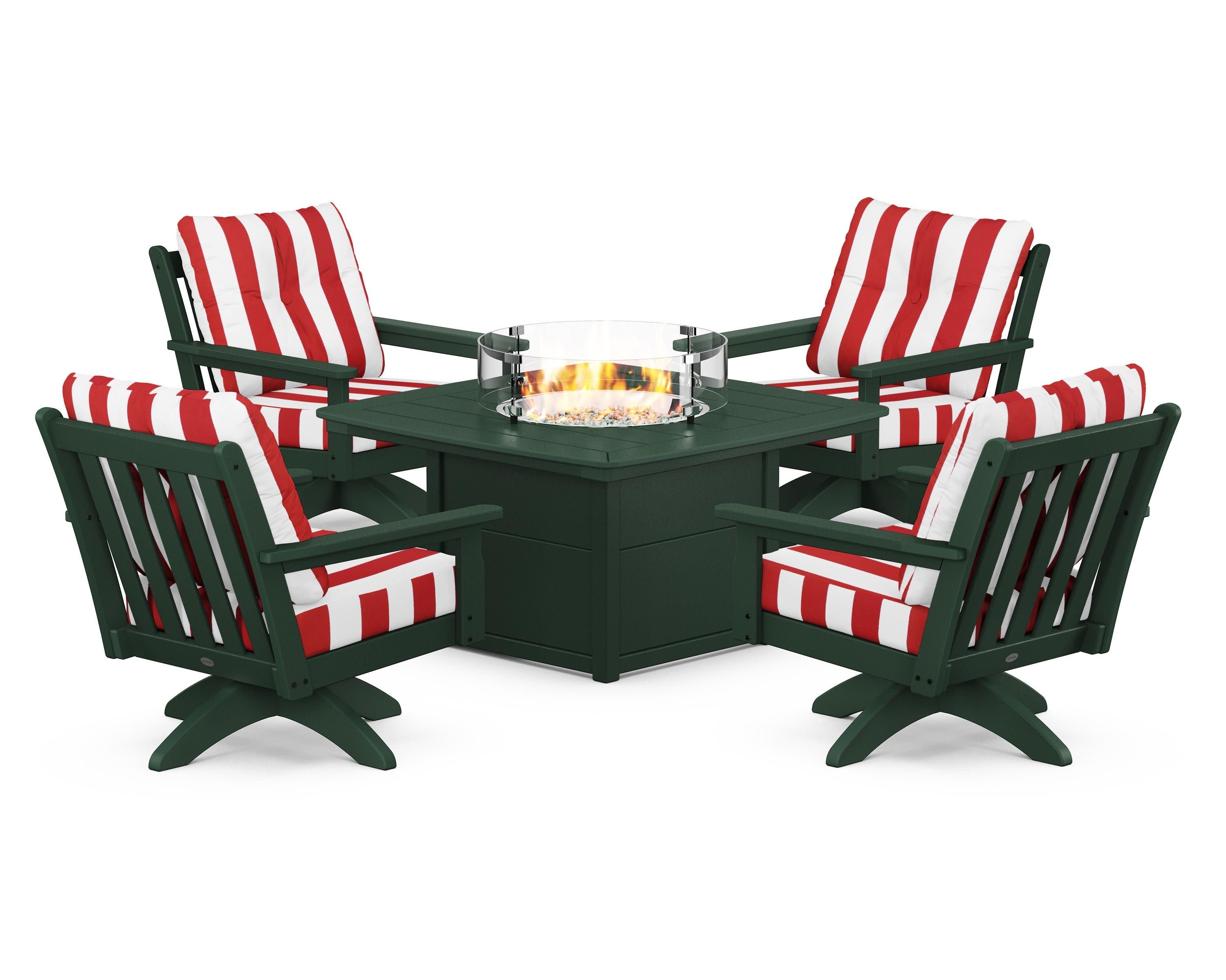 Vineyard 5-Piece Deep Seating Swivel Conversation Set with Fire Pit Table in Green / Cabana Stripe Crimson