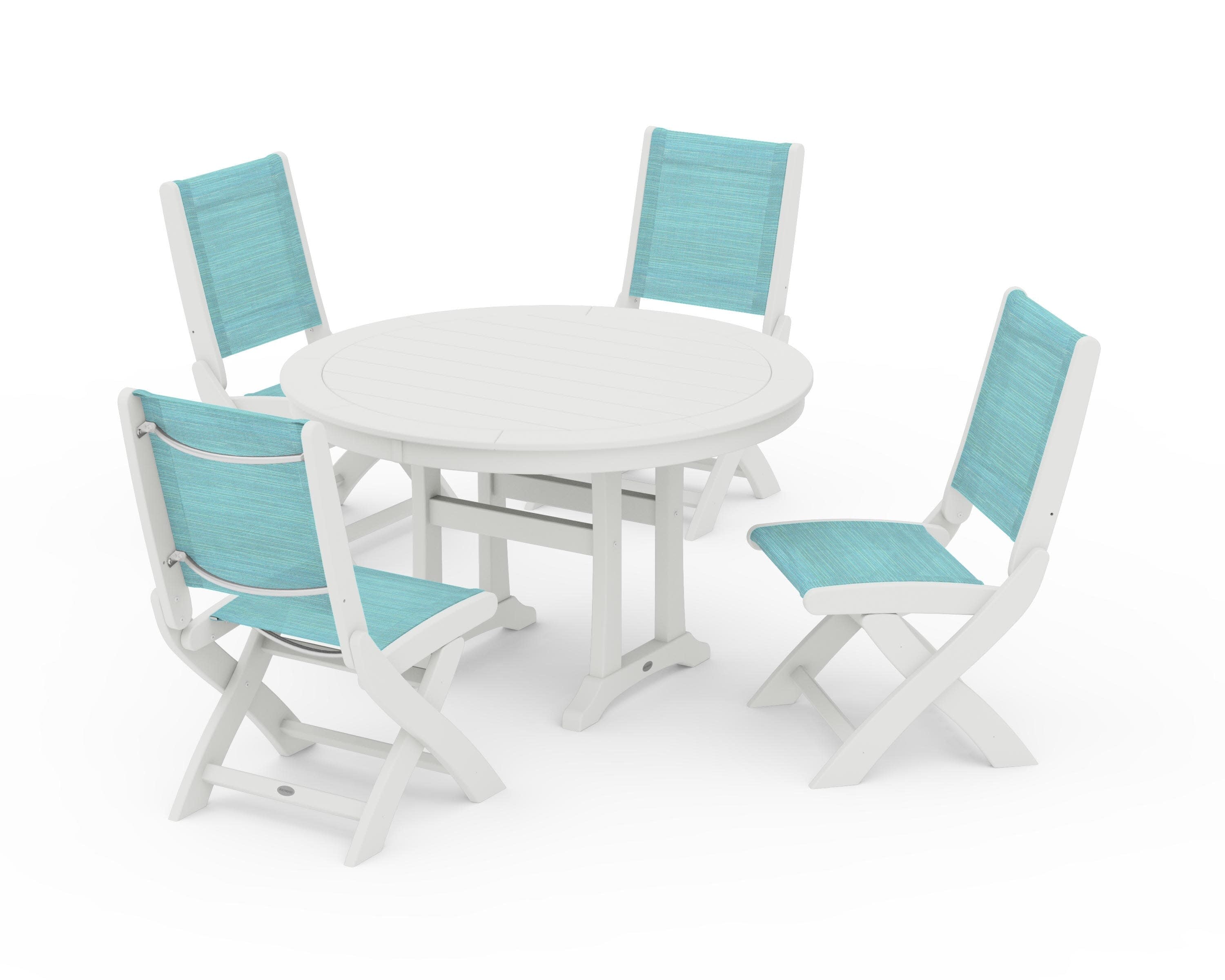 Coastal Folding Side Chair 5-Piece Round Dining Set With Trestle Legs in Vintage White / Dupioni Aquamarine Sling