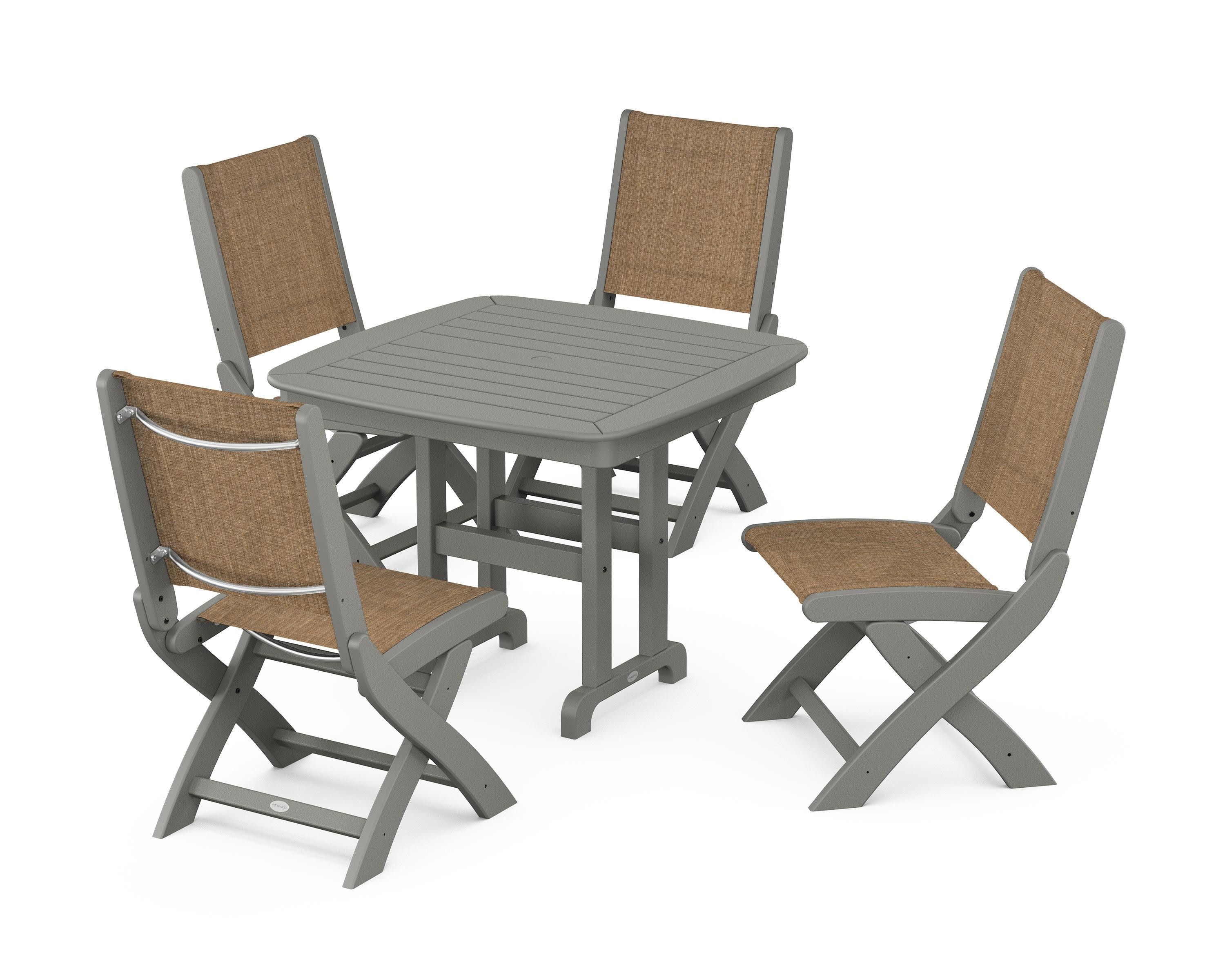 Coastal Folding Side Chair 5-Piece Dining Set in Slate Grey / Burlap Sling