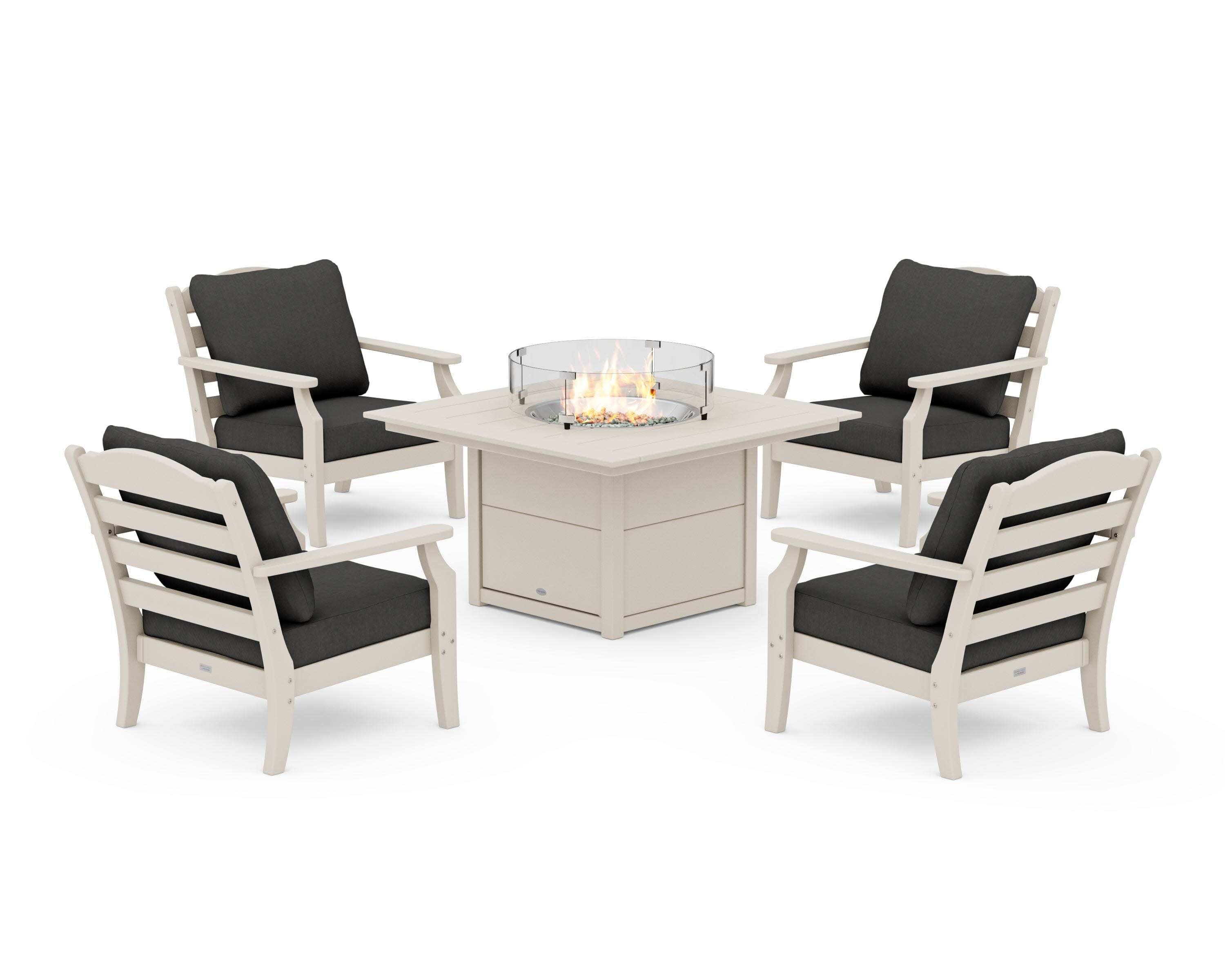 Savannah 5-Piece Deep Seating Set with Fire Pit Table in Sand / Spectrum Carbon