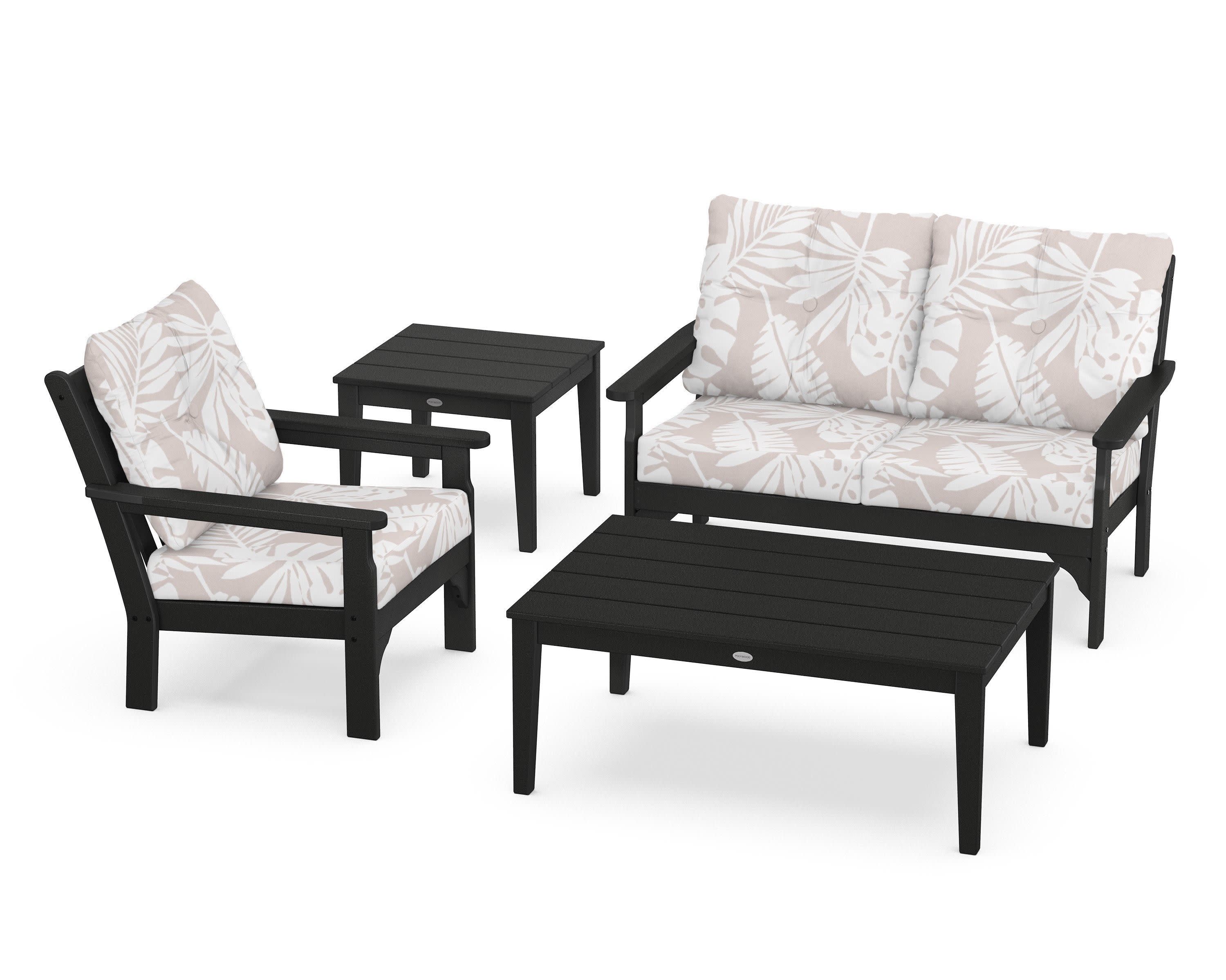 Vineyard 4-Piece Deep Seating Set in Black / Leaf Dune Burlap