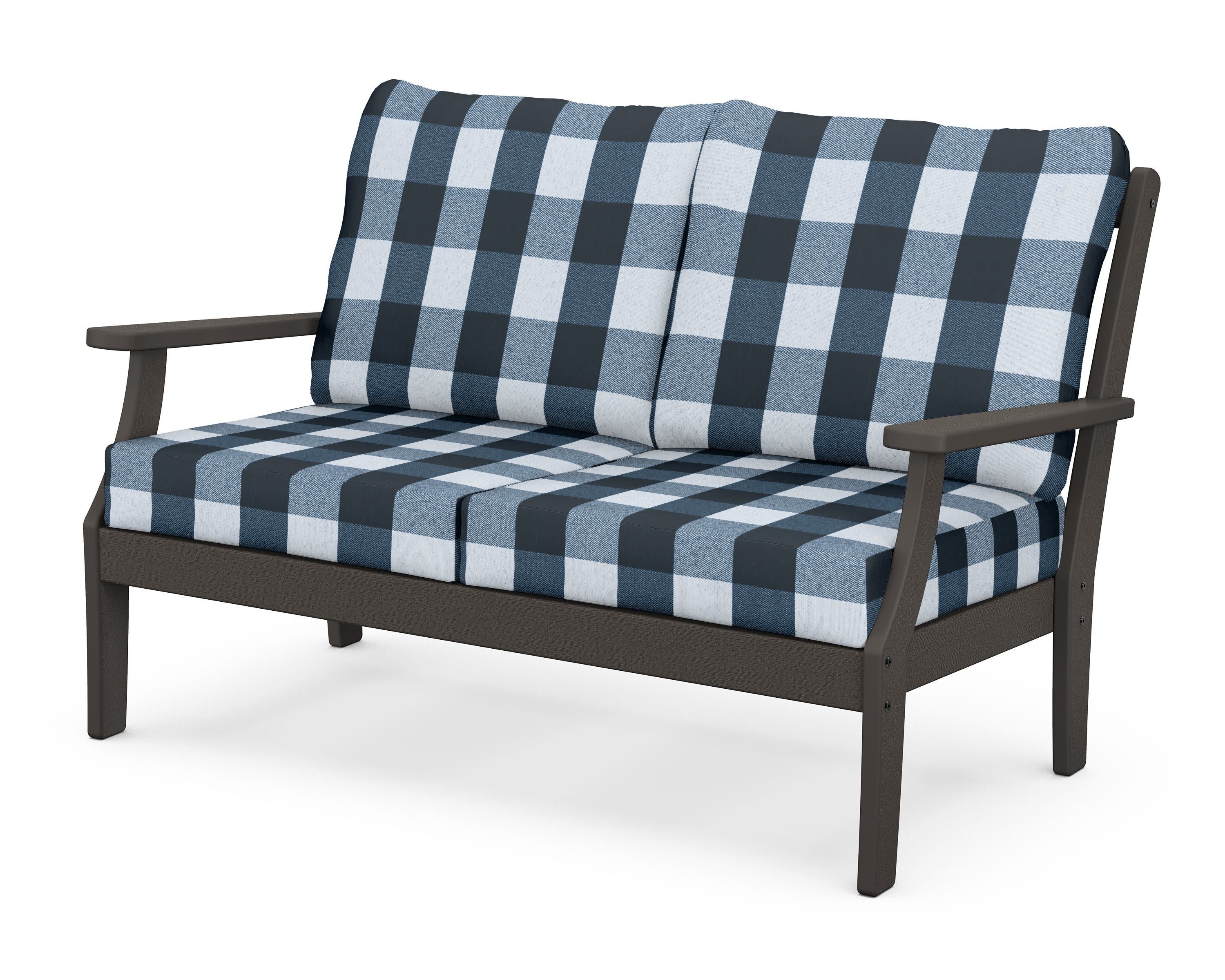 Braxton Deep Seating Loveseat in Vintage Coffee / Buffalo Plaid Marine Indigo