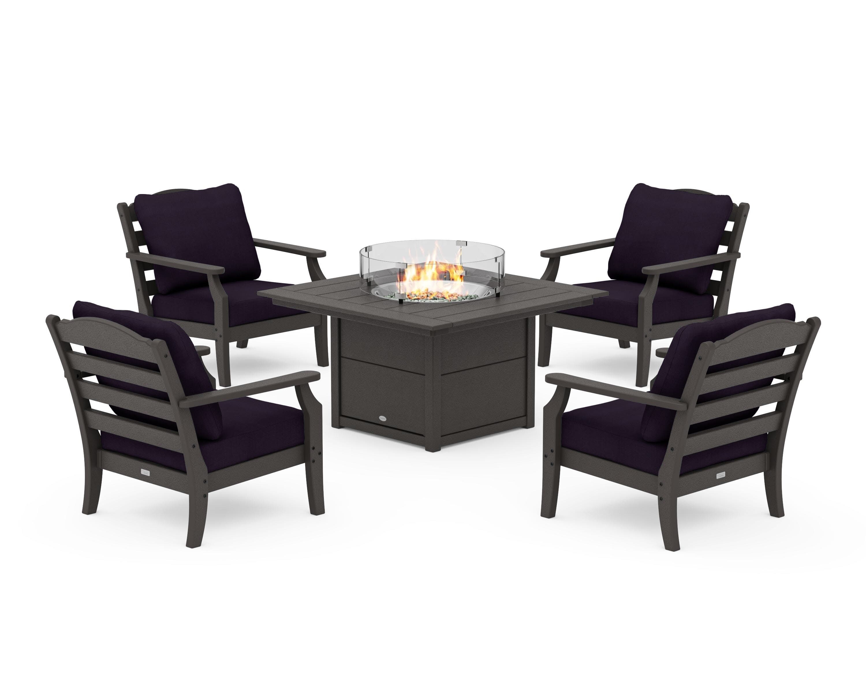 Savannah 5-Piece Deep Seating Set with Fire Pit Table in Vintage Coffee / Navy Linen
