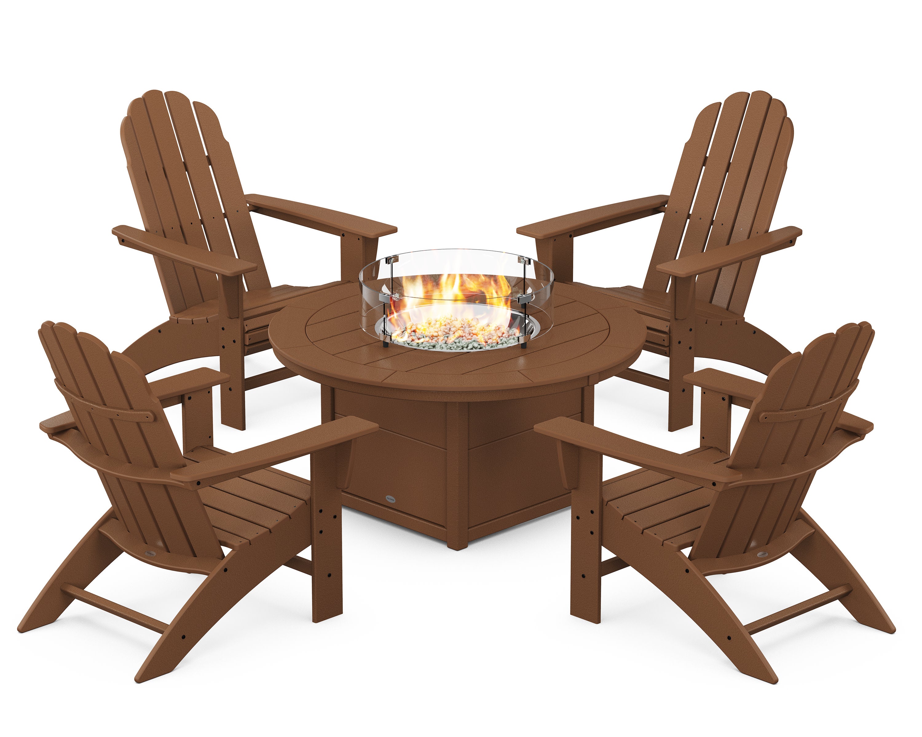 Vineyard Curveback Adirondack 5-Piece Conversation Set with Fire Pit Table in Teak