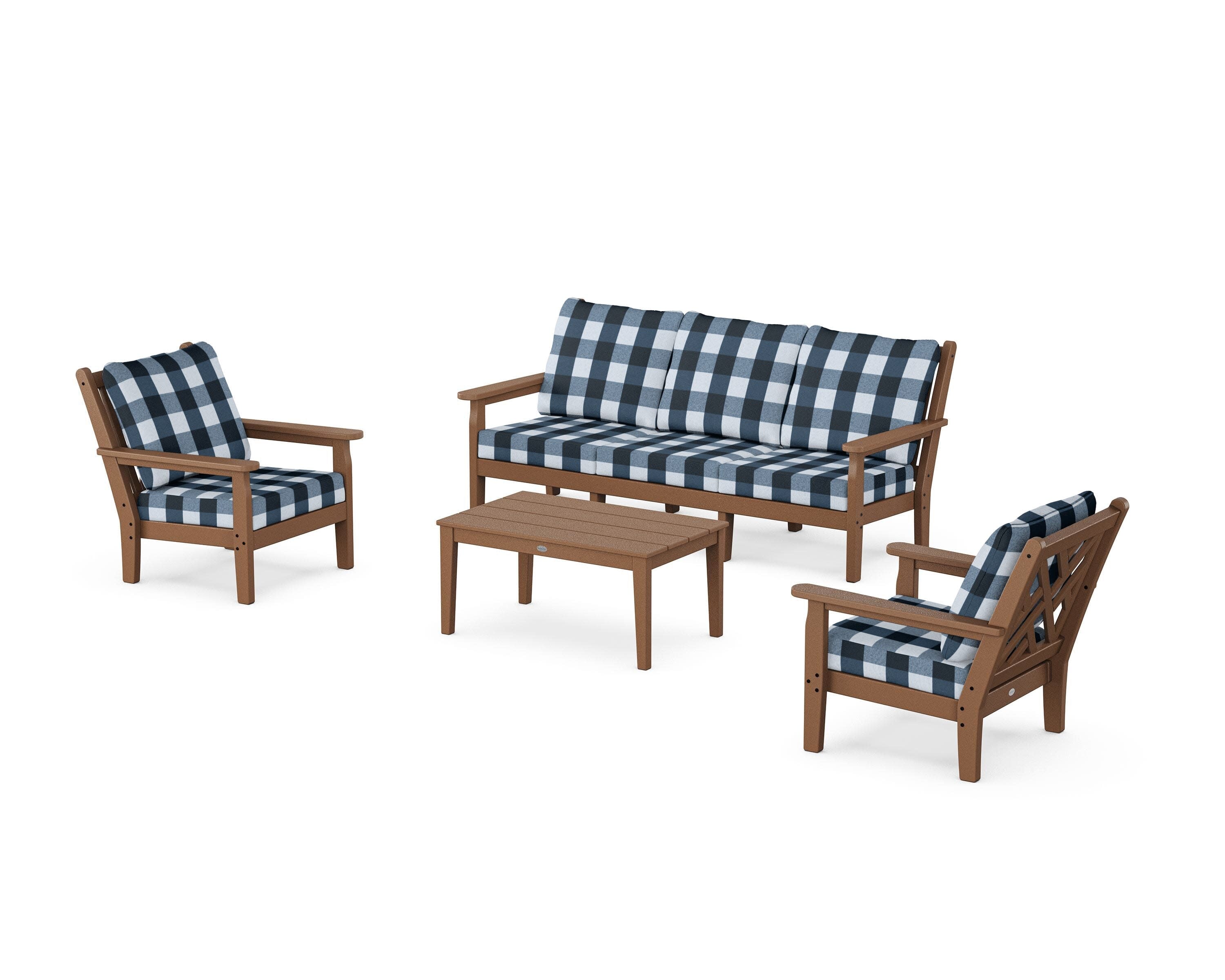 Chippendale 4-Piece Deep Seating Set with Sofa in Teak / Buffalo Plaid Marine Indigo