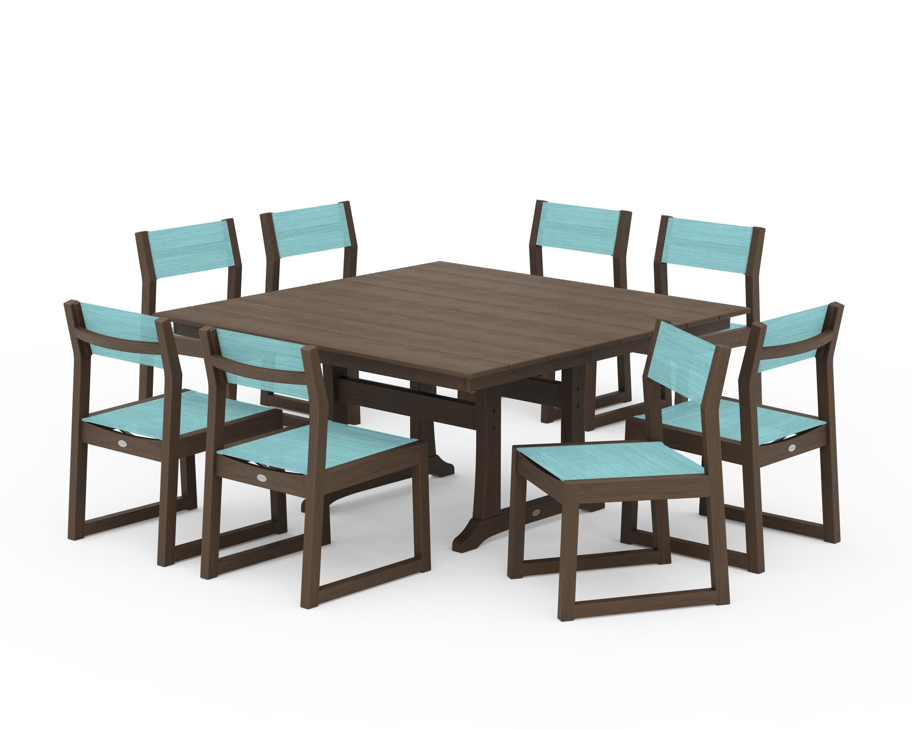 EDGE Sling Side Chair 9-Piece Farmhouse Trestle Dining Set in Kona / Dupioni Aquamarine Sling