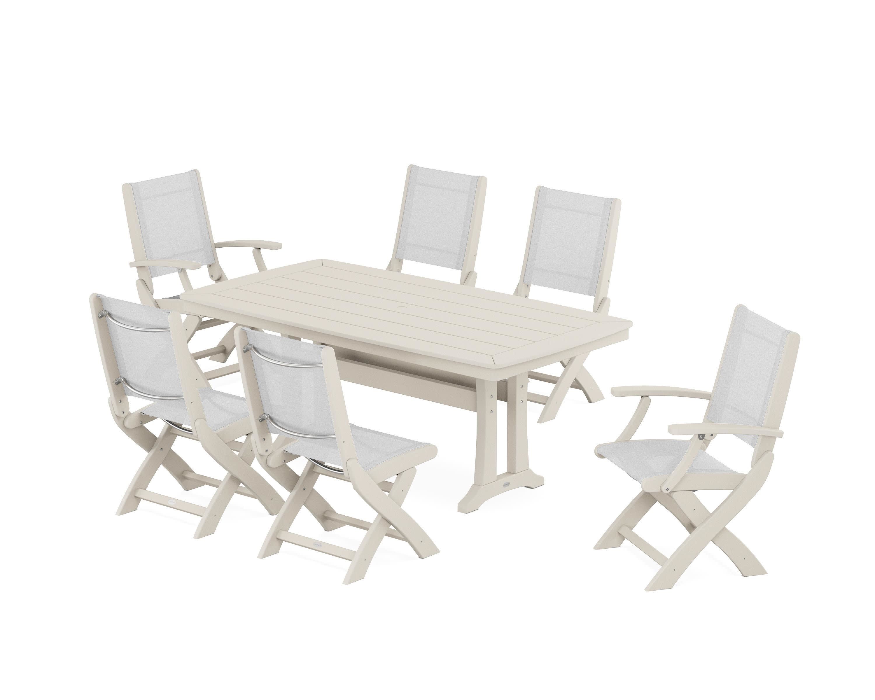 Coastal Folding Chair 7-Piece Dining Set with Trestle Legs in Sand / White Sling