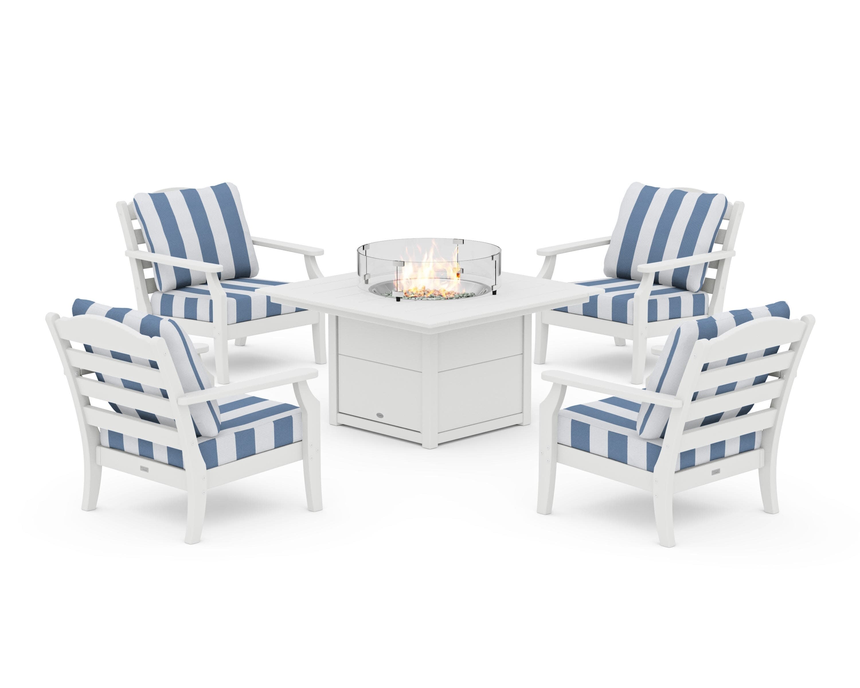 Savannah 5-Piece Deep Seating Set with Fire Pit Table in White / Cabana Stripe Sky Blue