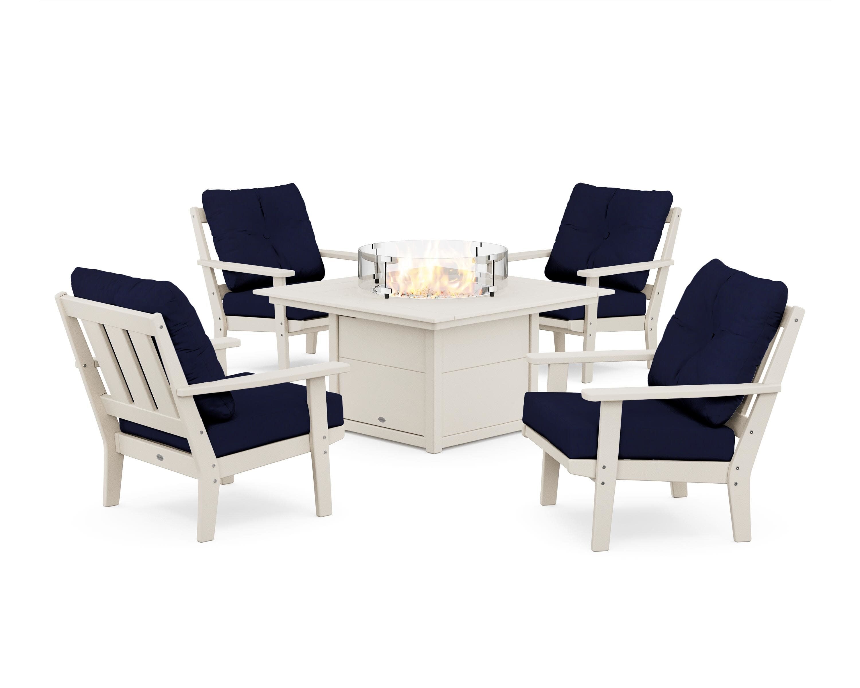 Oxford 5-Piece Deep Seating Set with Fire Pit Table in Sand / Navy