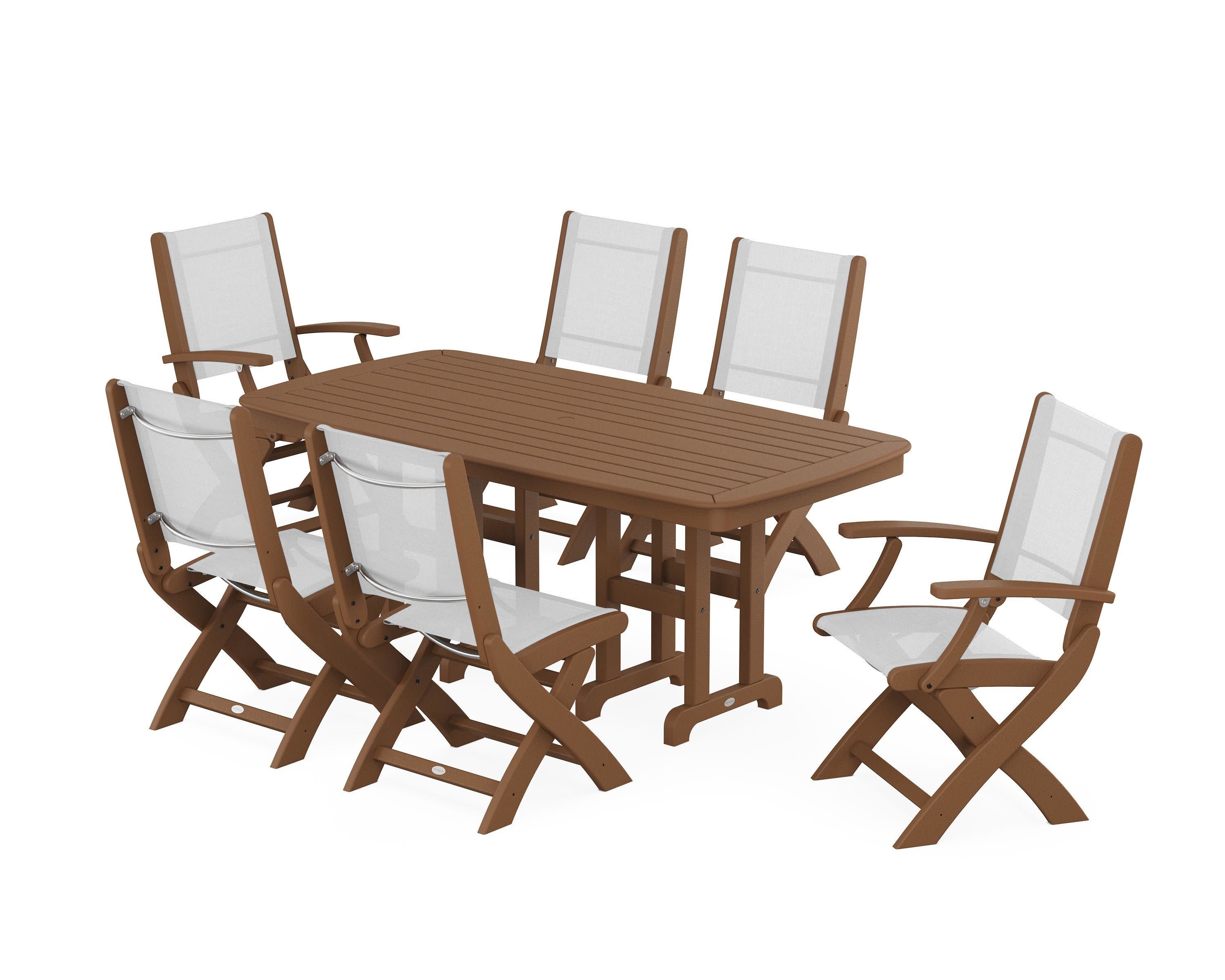 Coastal Folding Chair 7-Piece Dining Set in Teak / White Sling