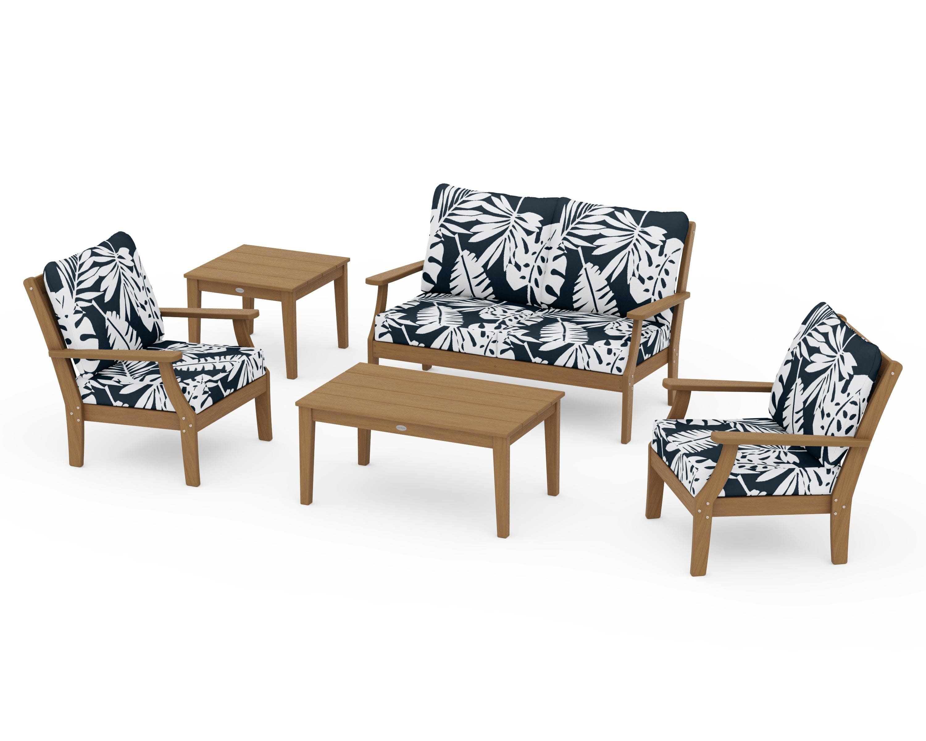 Braxton 5-Piece Deep Seating Set in Natural / Leaf Marine Indigo