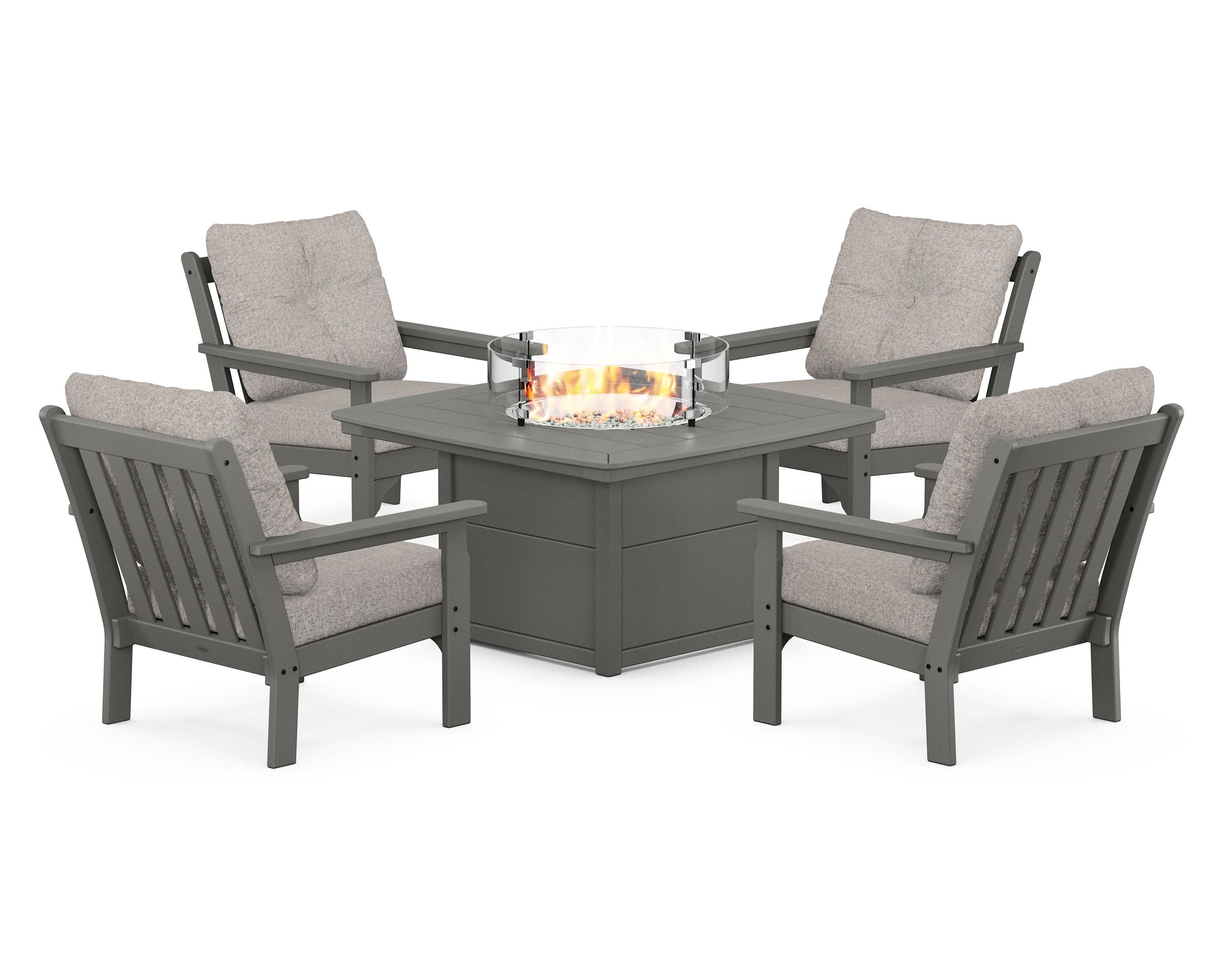 Vineyard 5-Piece Conversation Set with Fire Pit Table in Slate Grey / Weathered Tweed