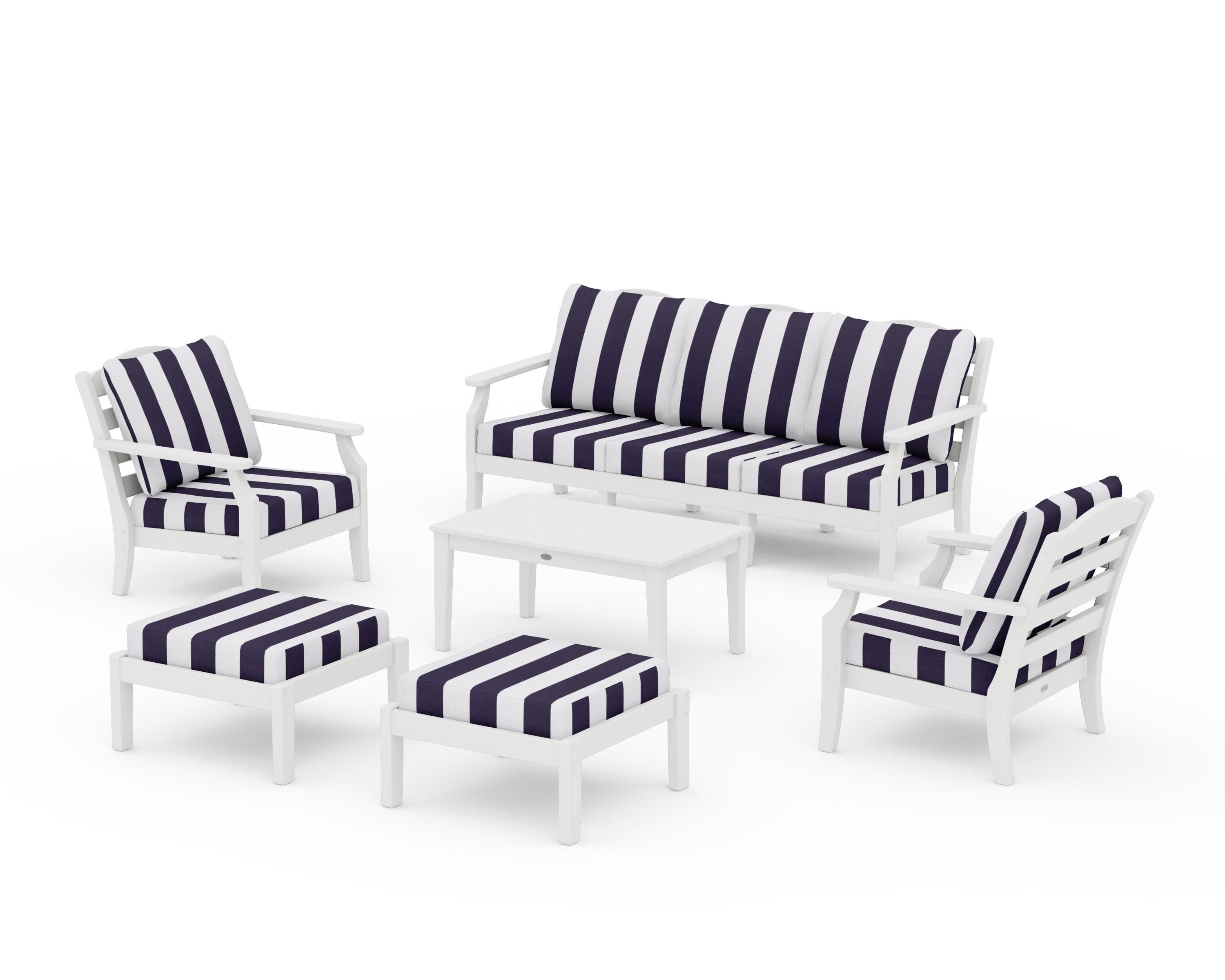 Savannah 6-Piece Lounge Sofa Set in White / Cabana Stripe Navy