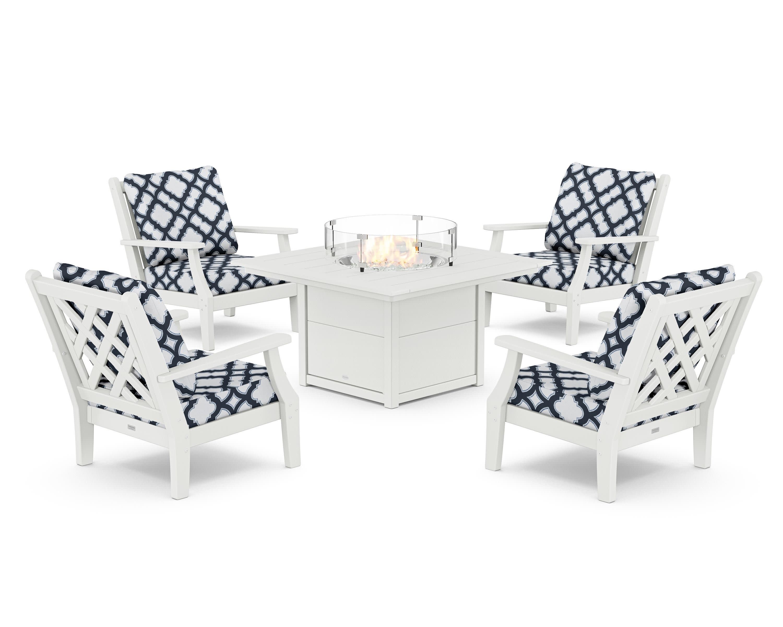 Wovendale 5-Piece Deep Seating Set with Fire Pit Table in White / Trellis Marine Indigo