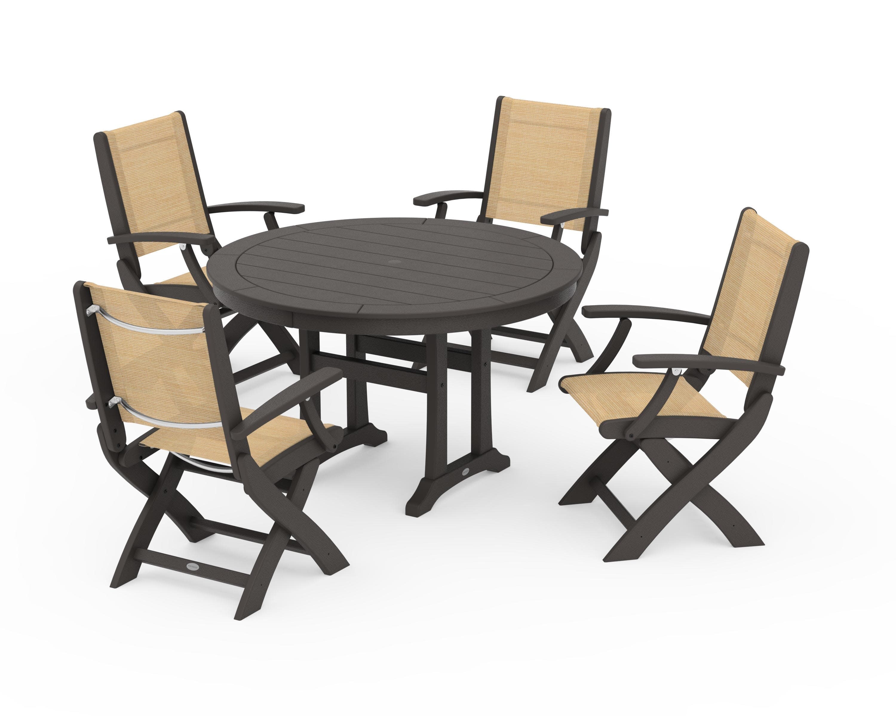 Coastal Folding Chair 5-Piece Round Dining Set with Trestle Legs in Vintage Coffee / Dupioni Apricot Sling