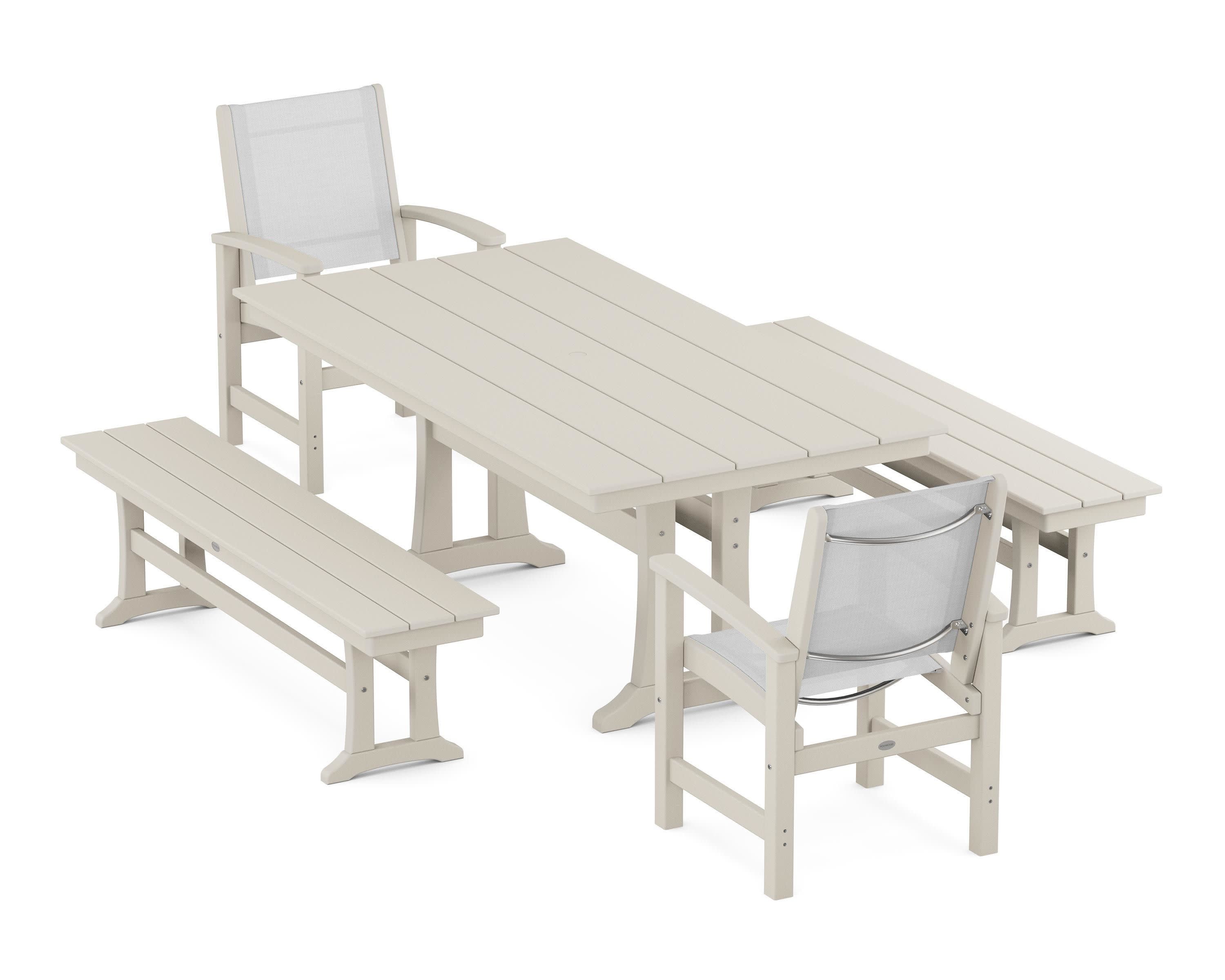 Coastal 5-Piece Farmhouse Dining Set with Trestle Legs and Benches in Sand / White Sling