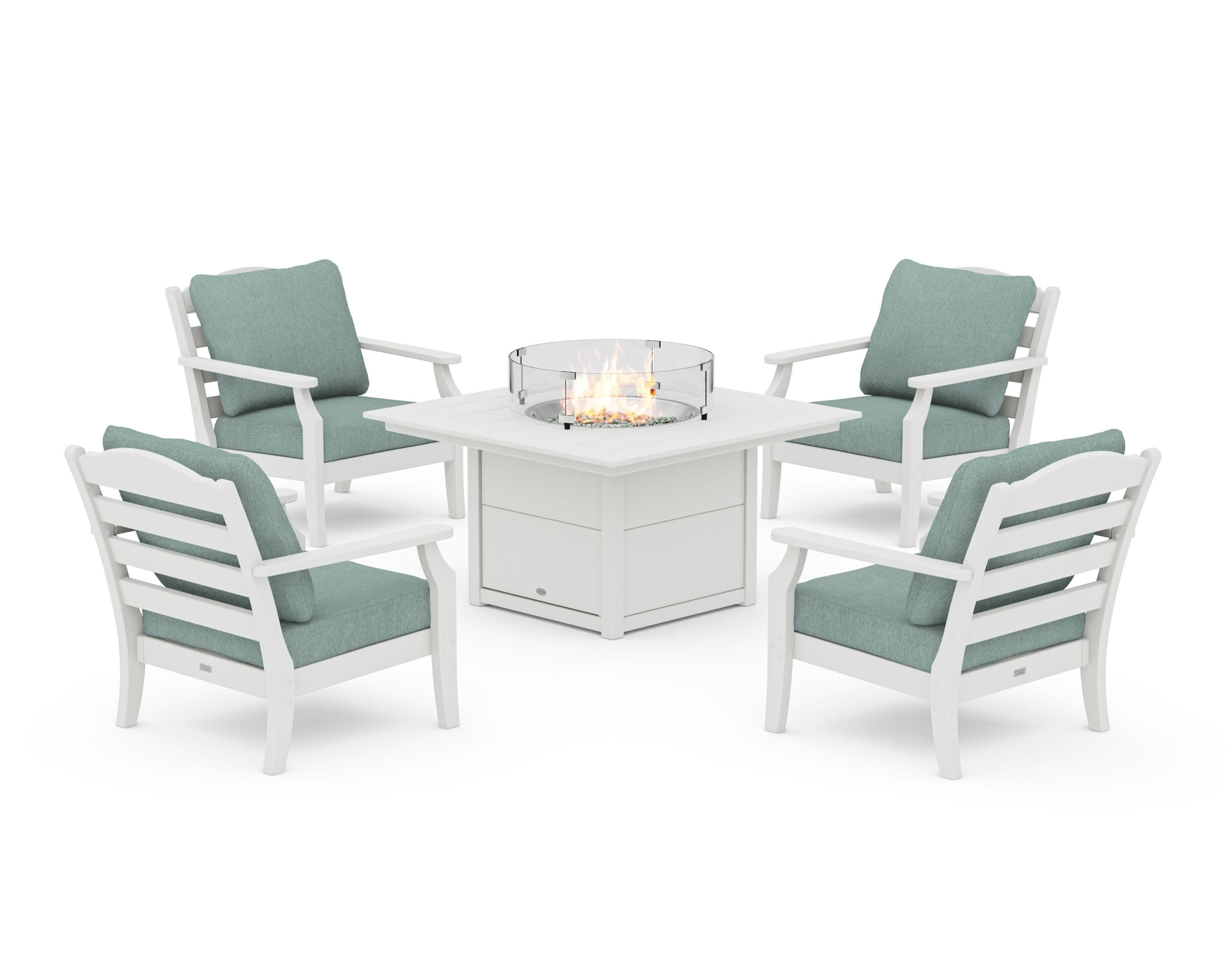 Savannah 5-Piece Deep Seating Set with Fire Pit Table in Vintage White / Glacier Spa