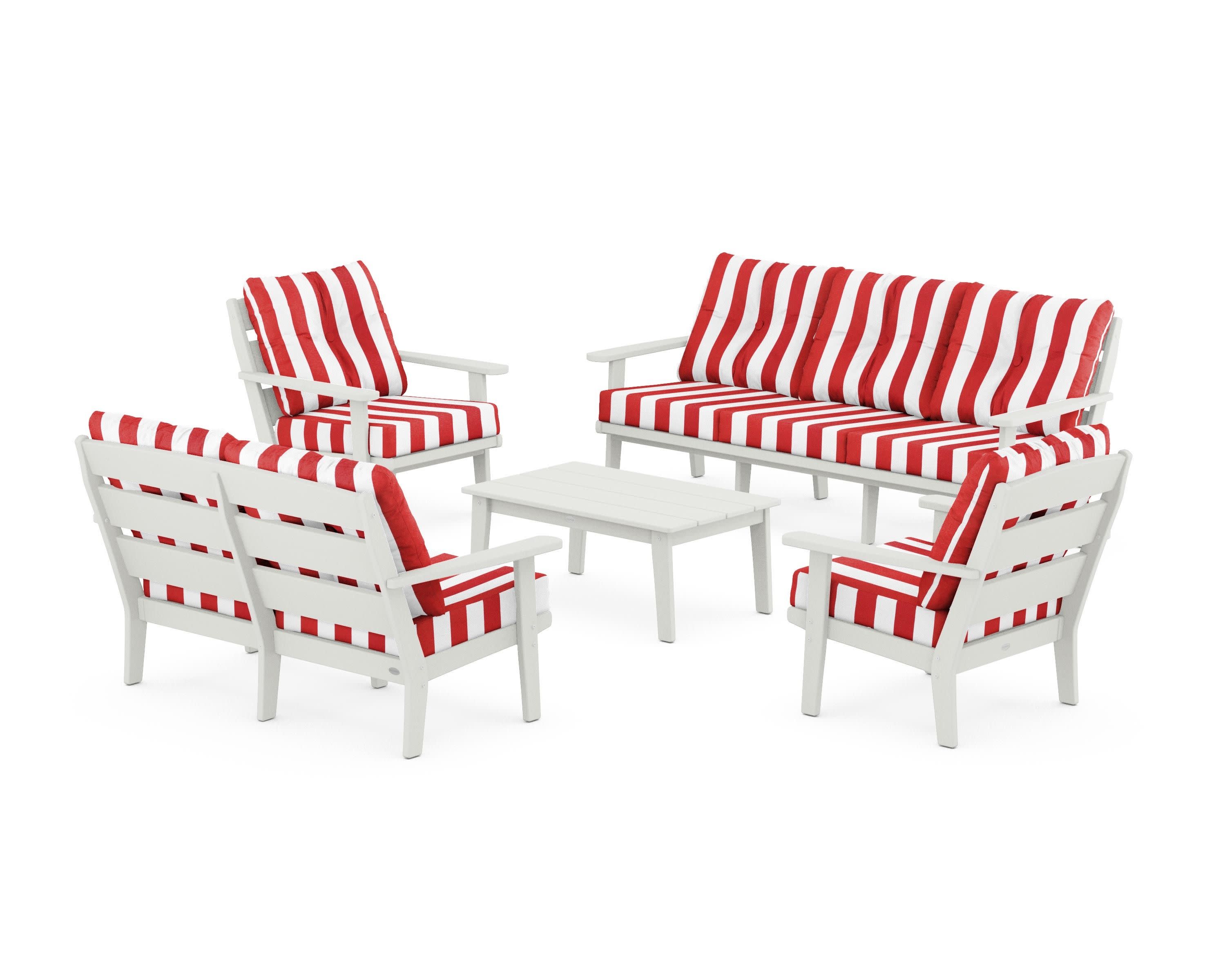 Lakeside 5-Piece Lounge Sofa Set in Vintage White / Cabana Stripe Crimson