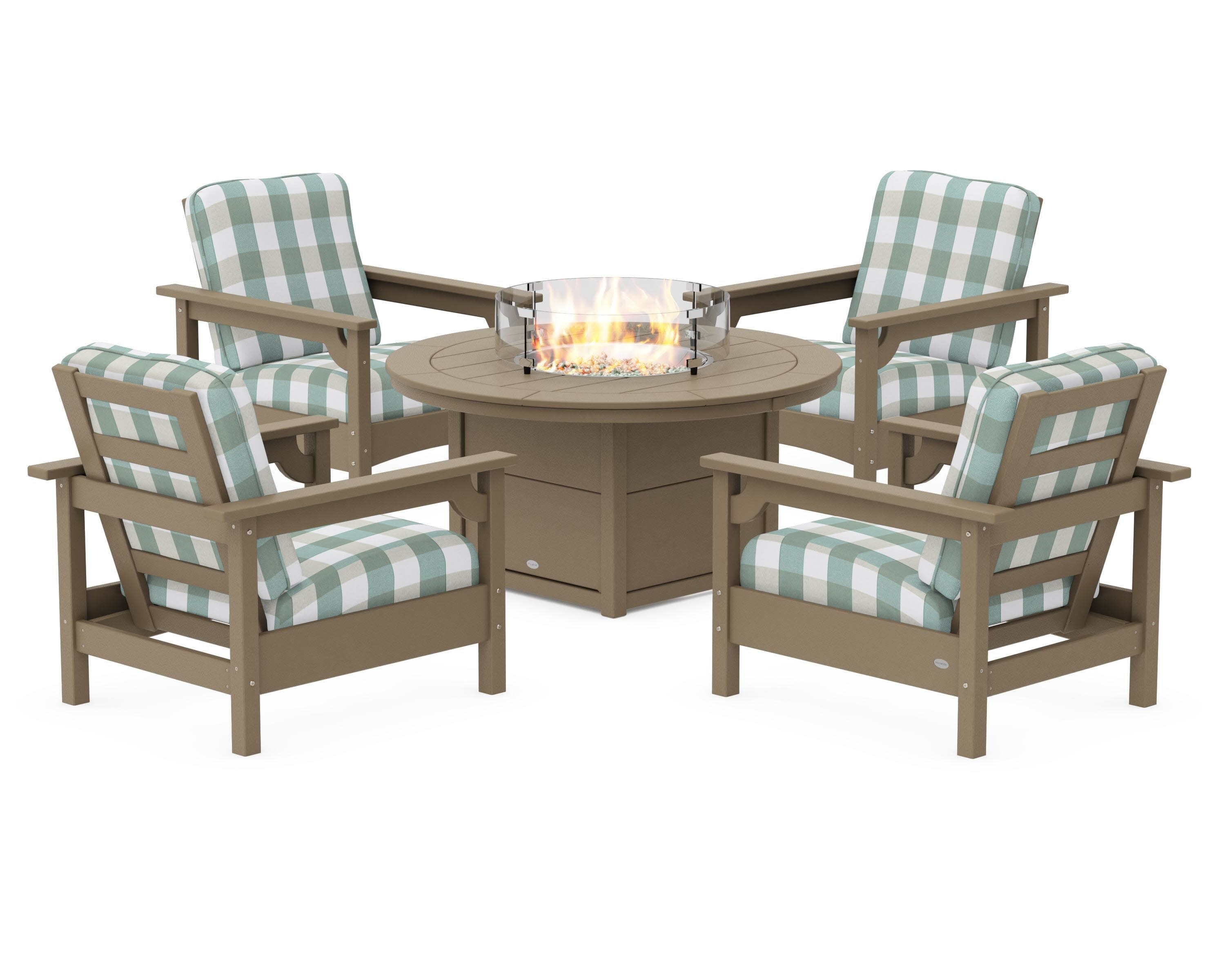 Club 5-Piece Conversation Set with Fire Pit Table in Vintage Sahara / Buffalo Plaid Glacier Spa