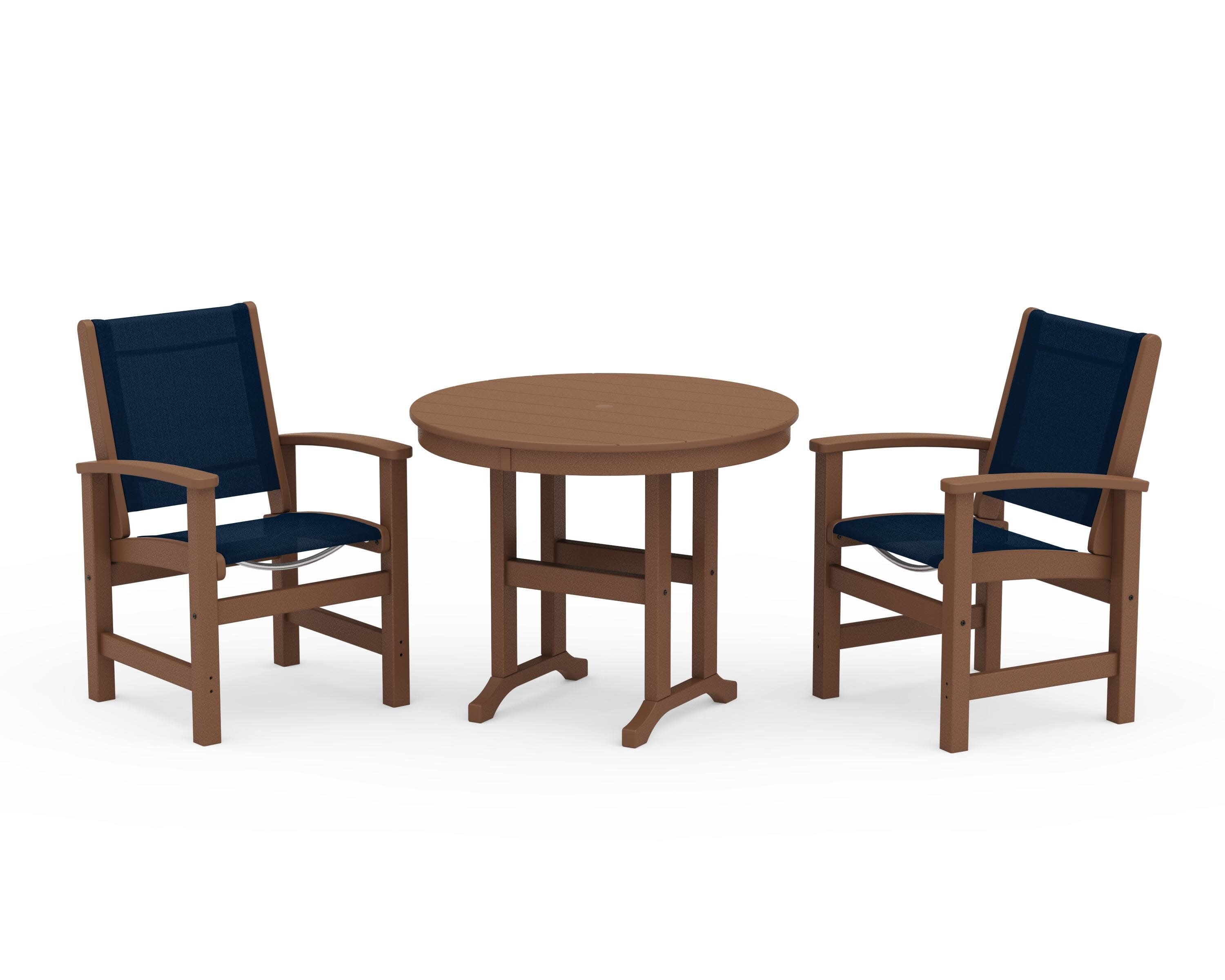 Coastal 3-Piece Round Dining Set in Teak / Navy Blue Sling