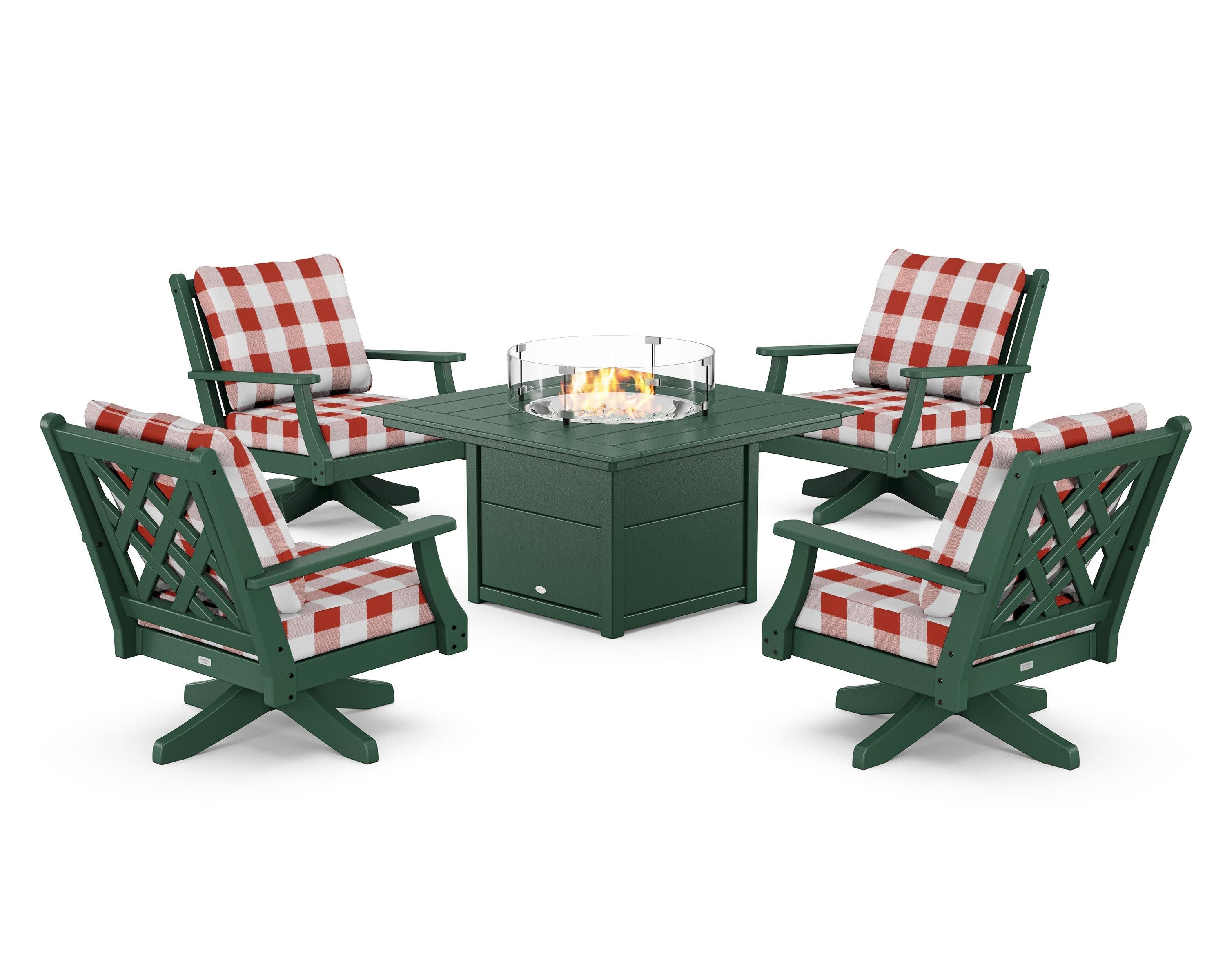 Wovendale 5-Piece Deep Seating Swivel Conversation Set with Fire Pit Table in Green / Buffalo Plaid Crimson