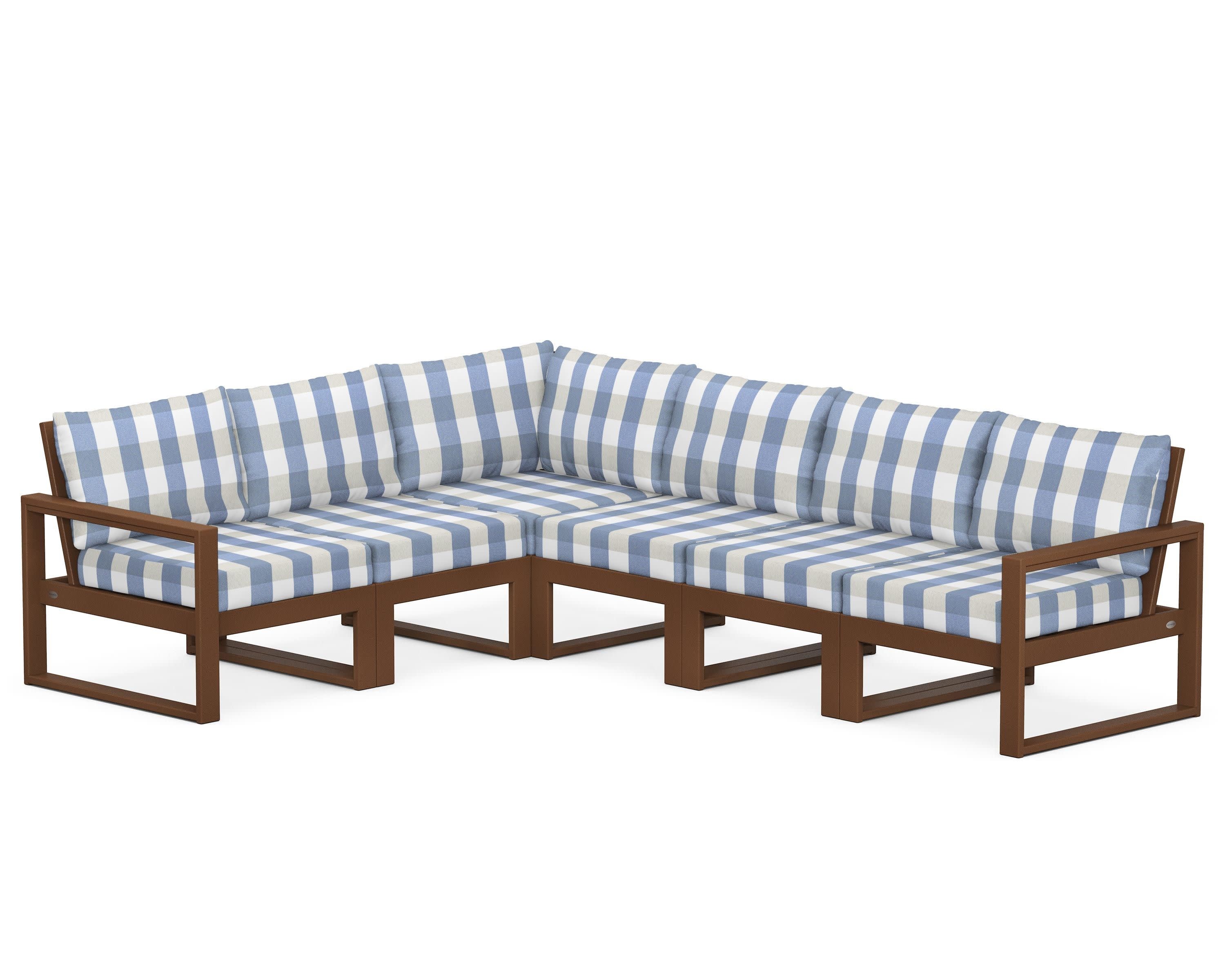 EDGE 6-Piece Modular Deep Seating Set in Teak / Buffalo Plaid Sky Blue