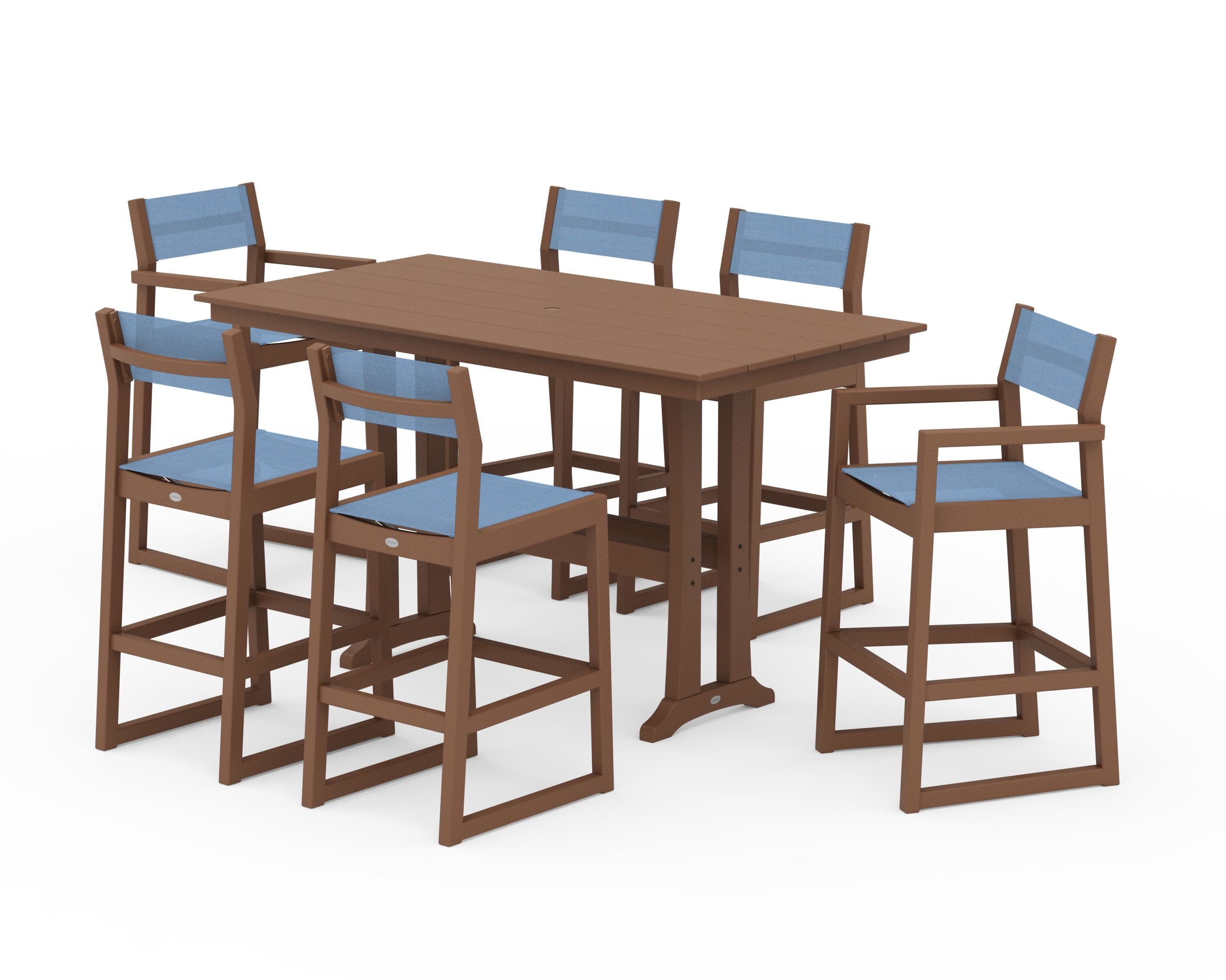 EDGE Sling 7-Piece Farmhouse Bar Set with Trestle Legs in Teak / Poolside Sling