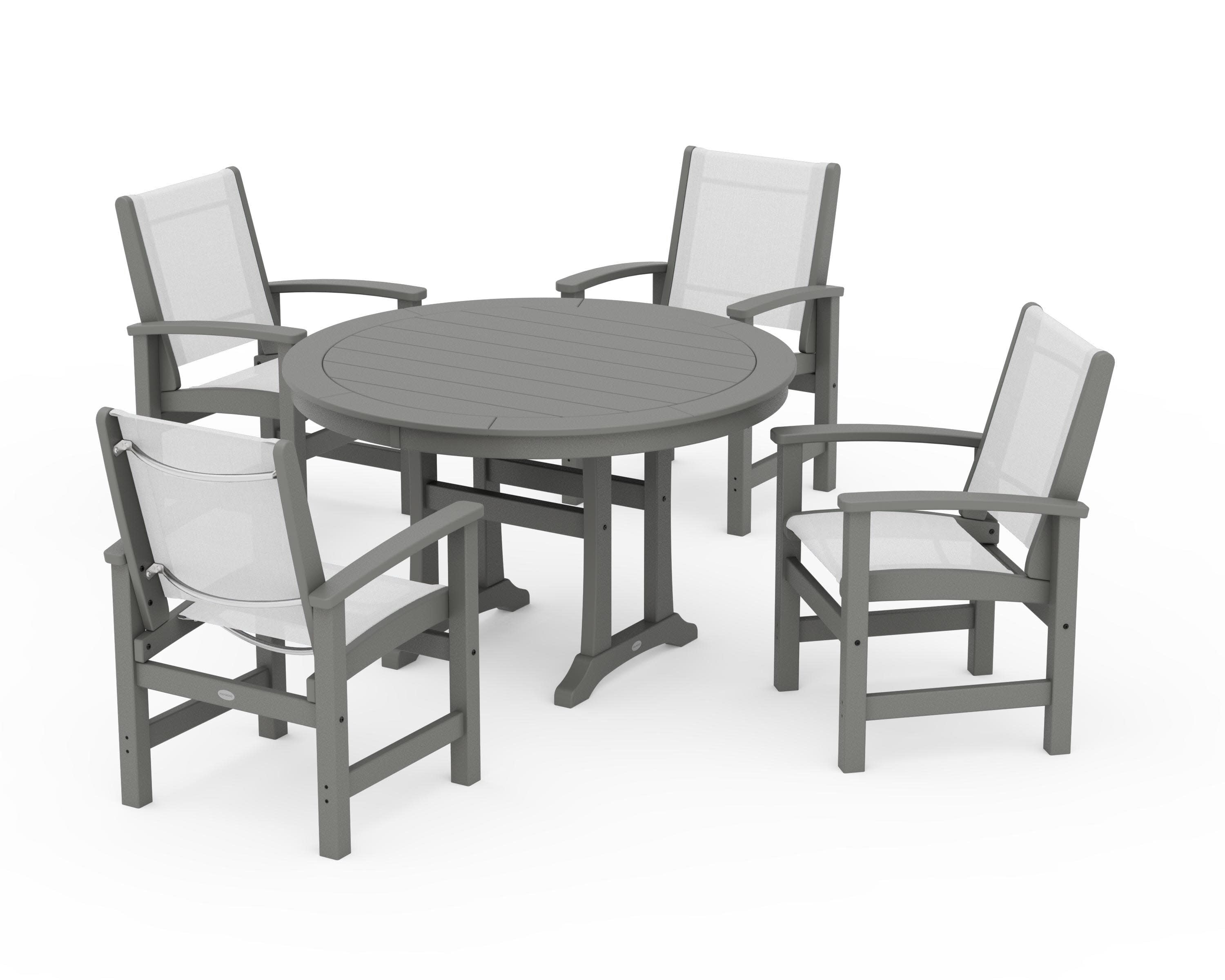 Coastal 5-Piece Round Dining Set with Trestle Legs in Slate Grey / White Sling