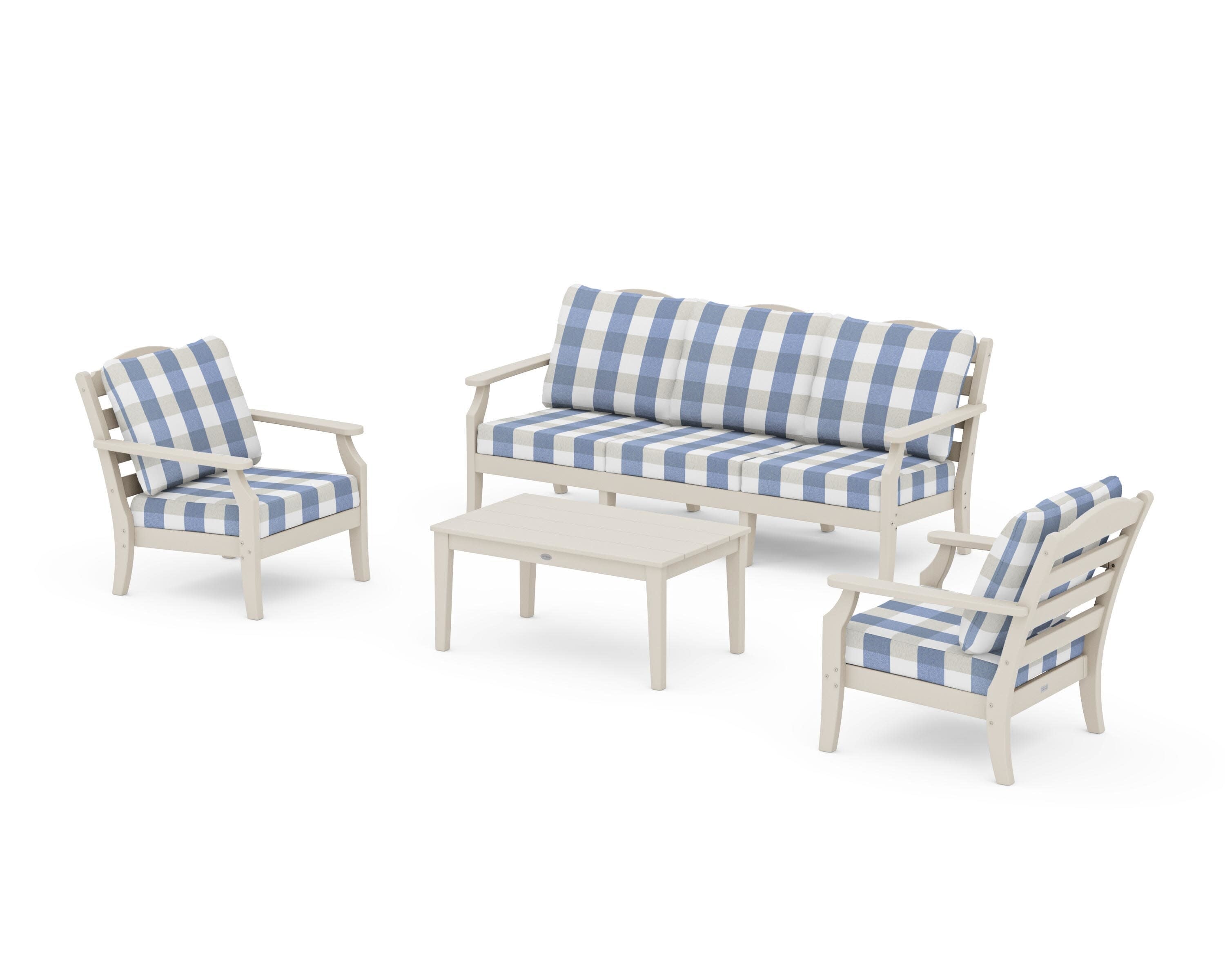 Savannah 4-Piece Deep Seating Set with Sofa in Sand / Buffalo Plaid Sky Blue
