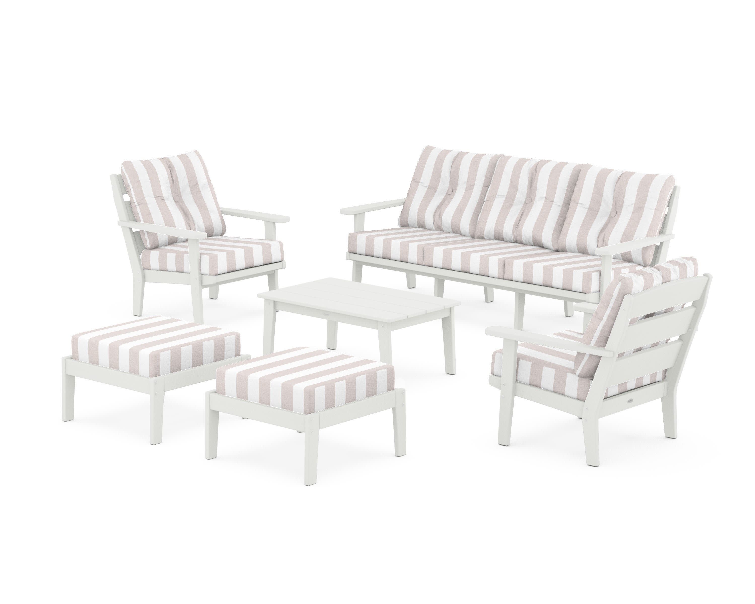 Lakeside 6-Piece Lounge Sofa Set in Vintage White / Cabana Stripe Dune Burlap