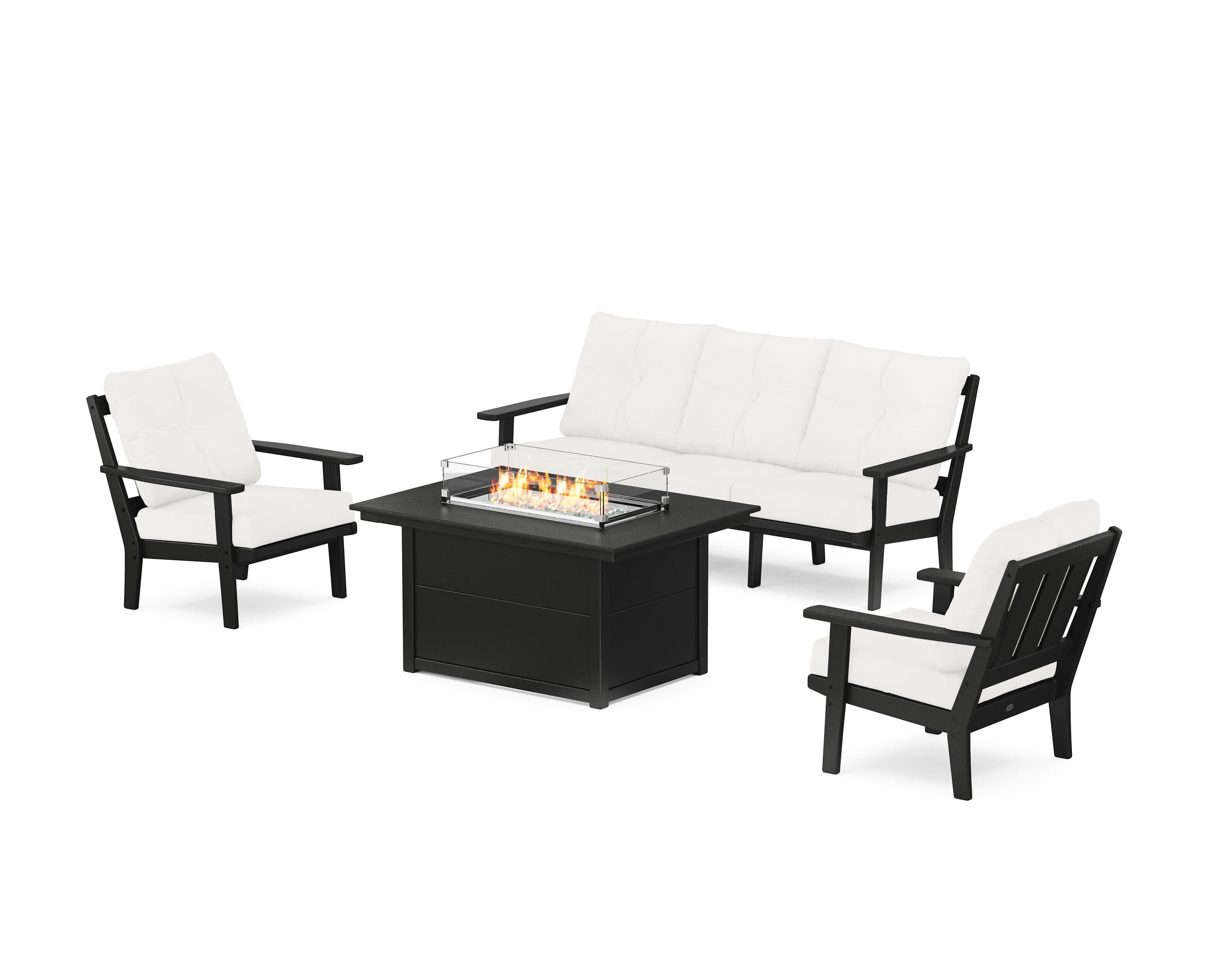 Oxford Deep Seating Fire Pit Table Set in Black / Natural Linen