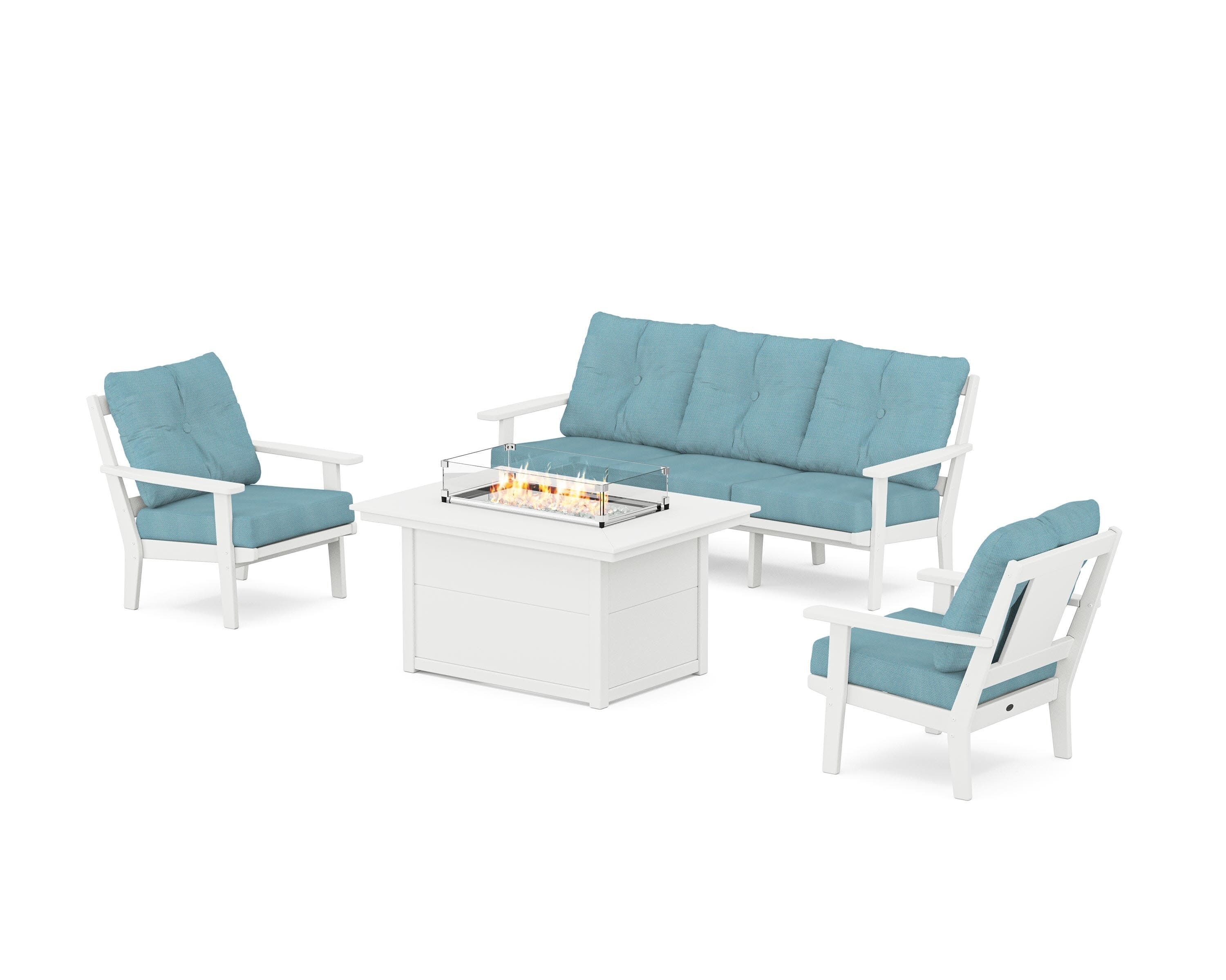 Prairie Deep Seating Fire Pit Table Set in White / Lattice Sky Blue