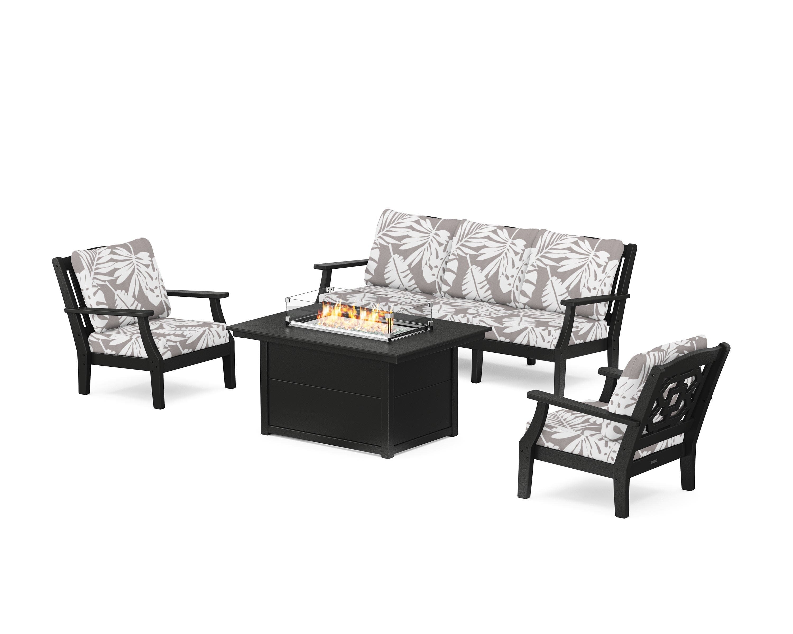Chinoiserie Deep Seating Fire Pit Table Set in Black / Leaf Grey Mist