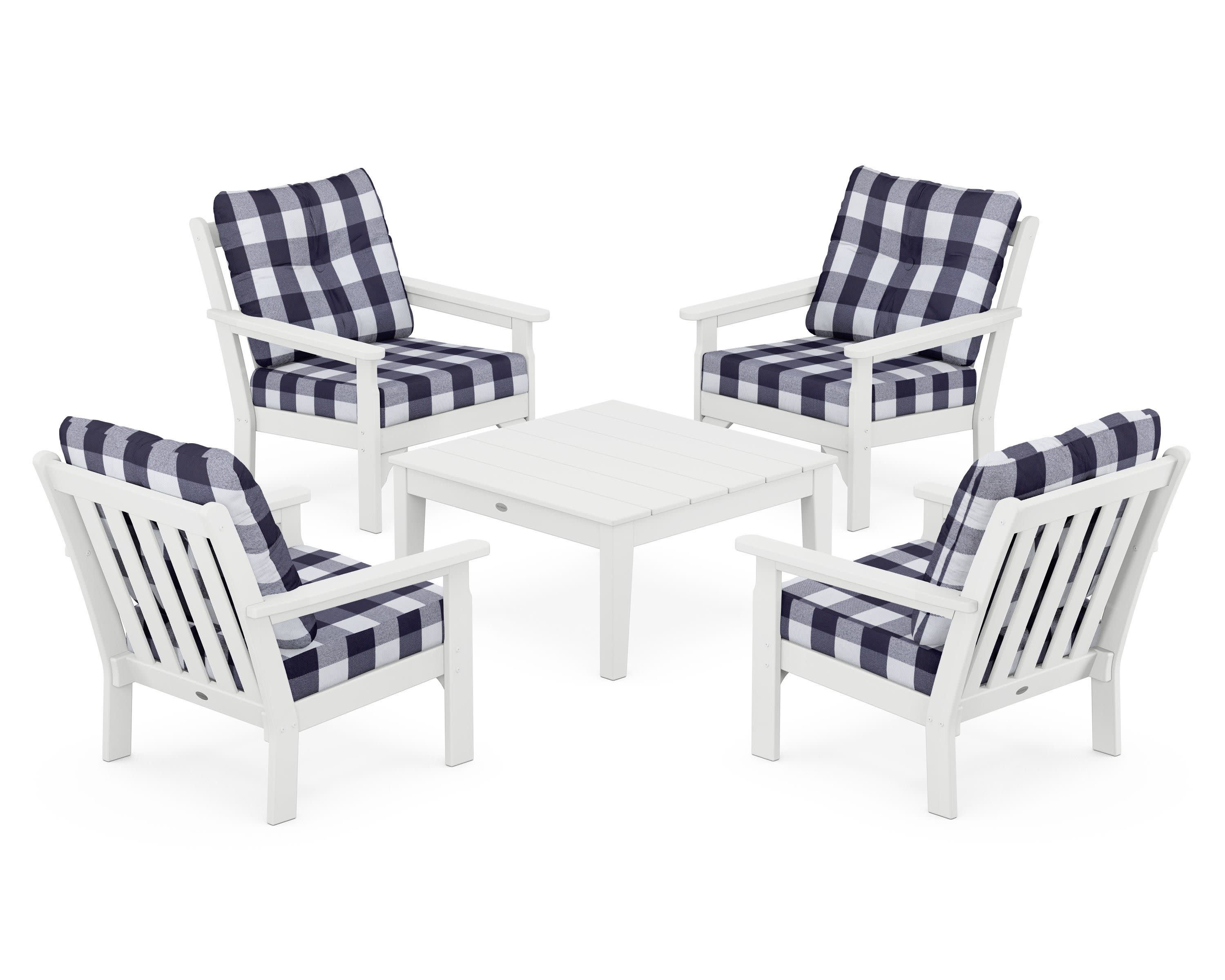 Vineyard 5-Piece Deep Seating Conversation Set in White / Buffalo Plaid Navy