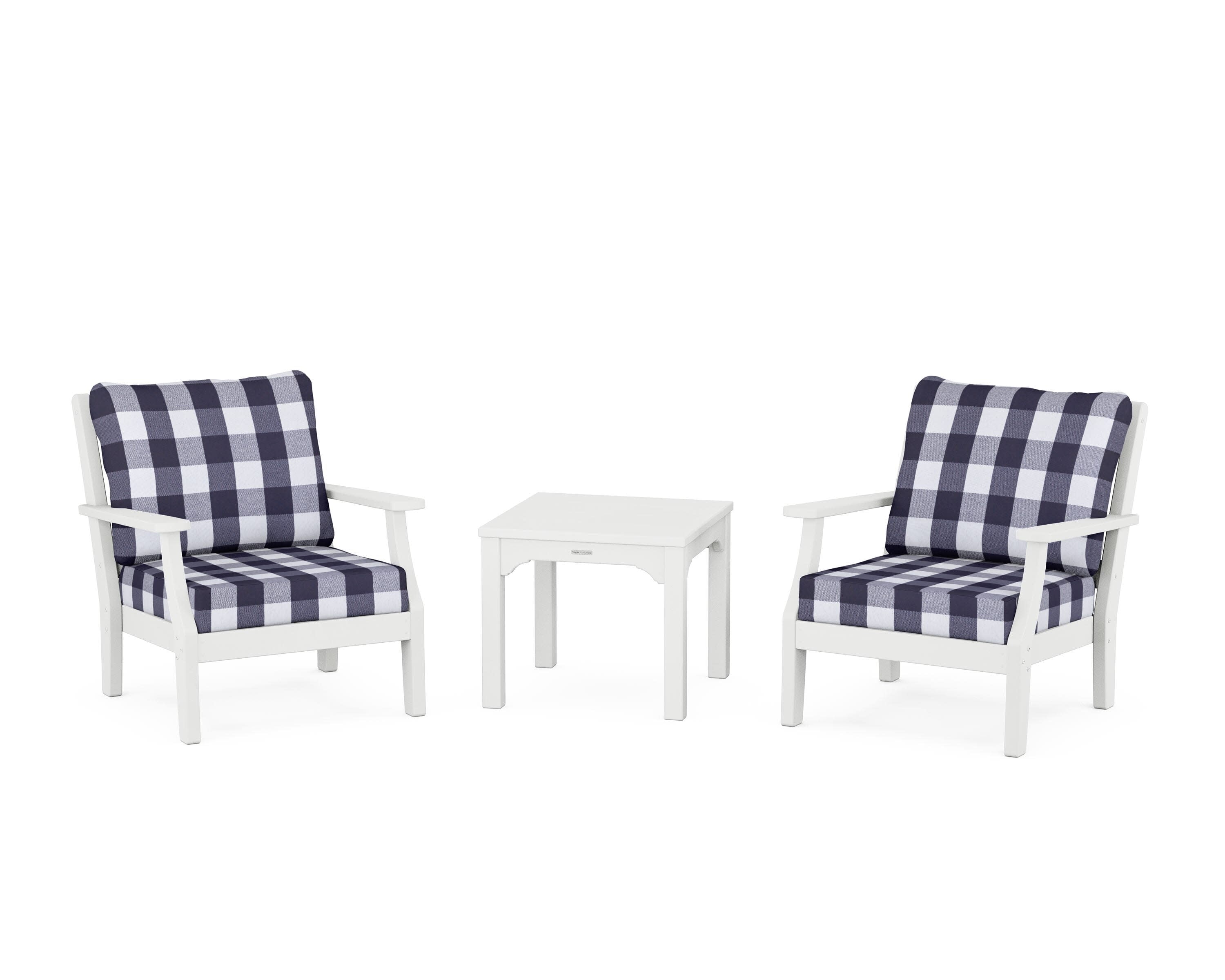 Chinoiserie 3-Piece Deep Seating Set in White / Buffalo Plaid Navy