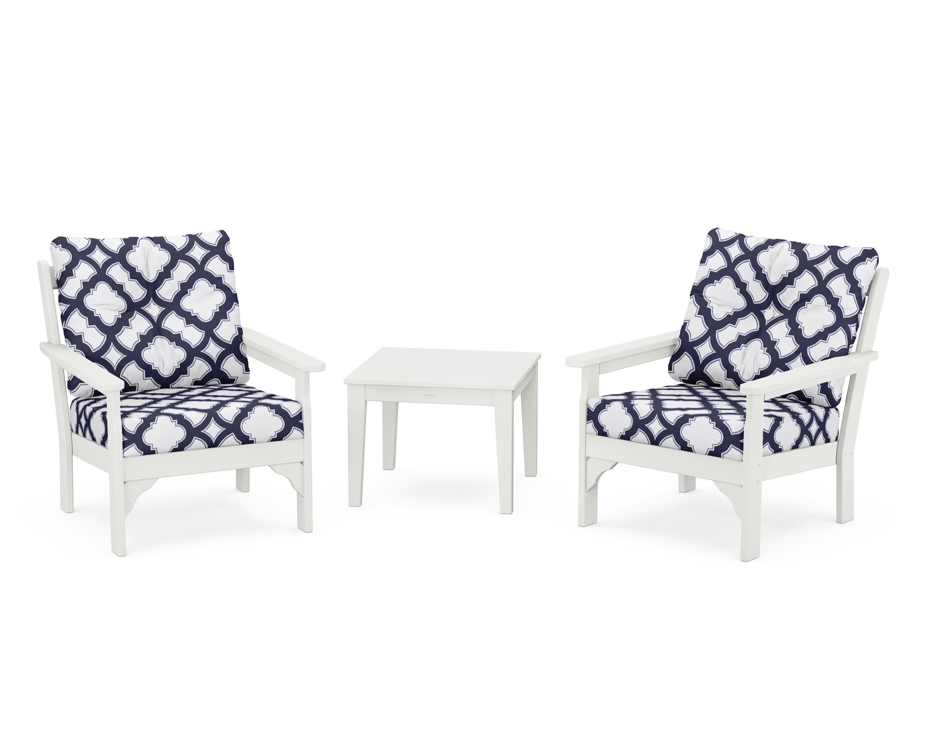 Vineyard 3-Piece Deep Seating Set in Vintage White / Trellis Navy
