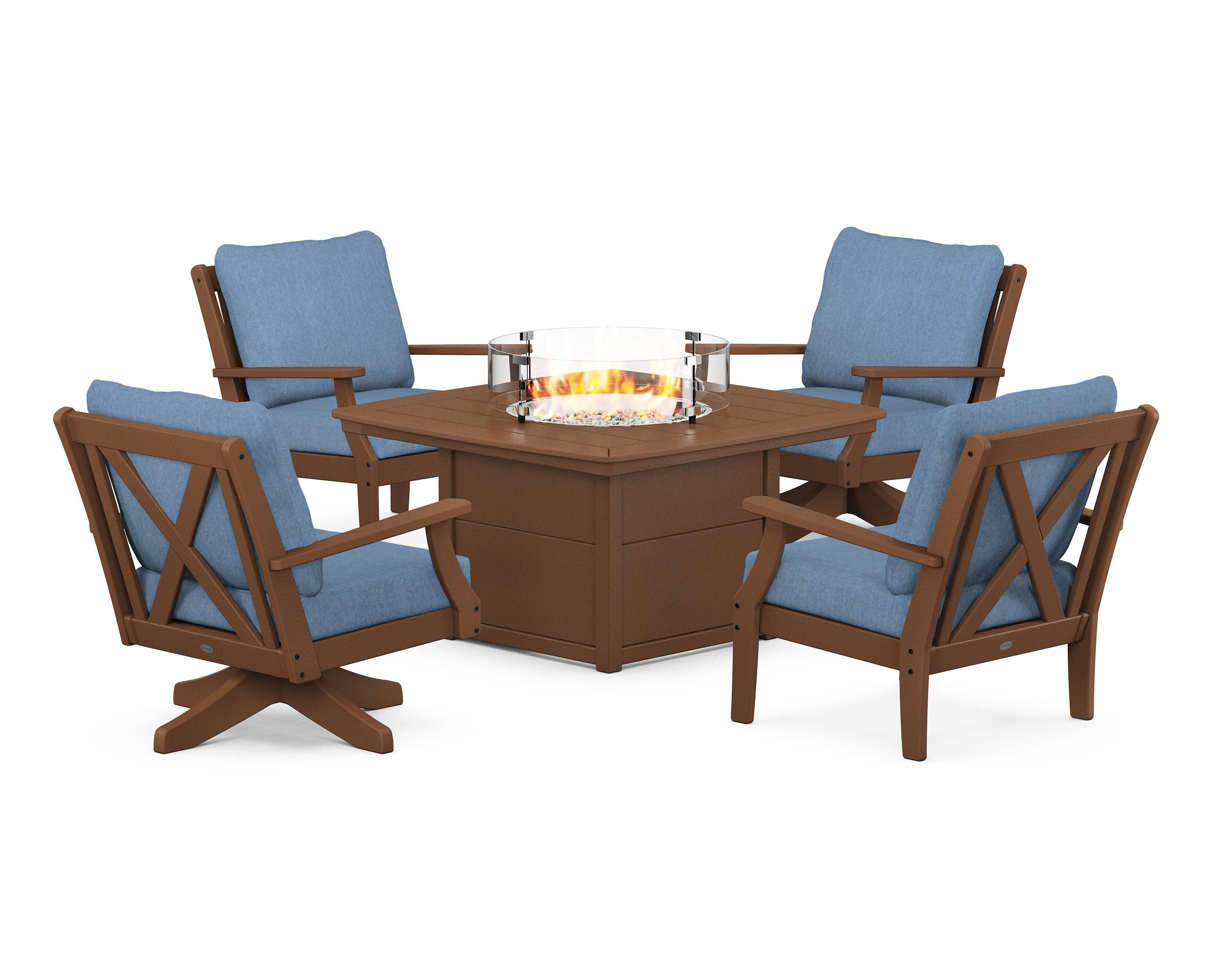 Braxton 5-Piece Deep Seating Set with Fire Table in Teak / Sky Blue