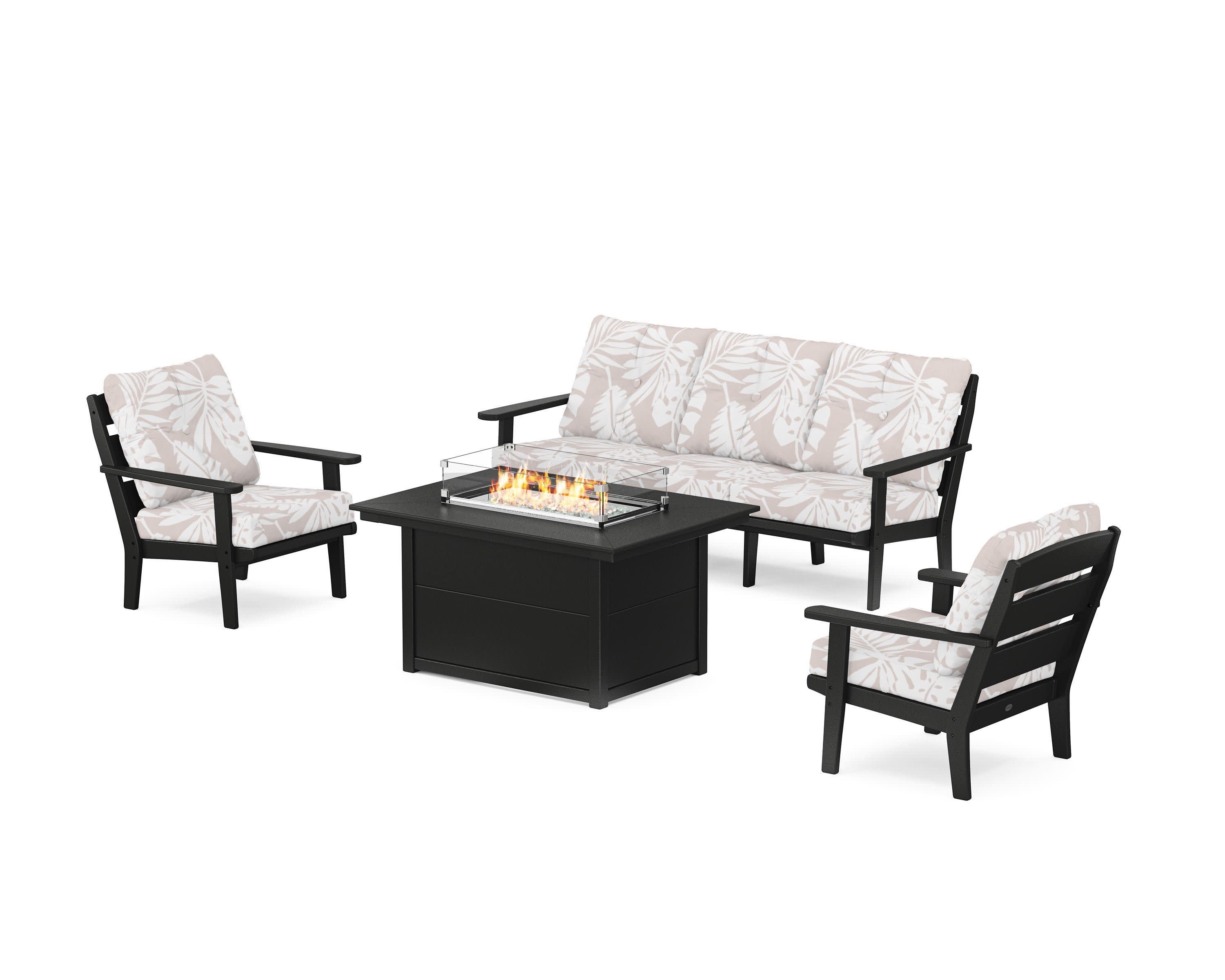 Lakeside Deep Seating Fire Pit Table Set in Black / Leaf Dune Burlap